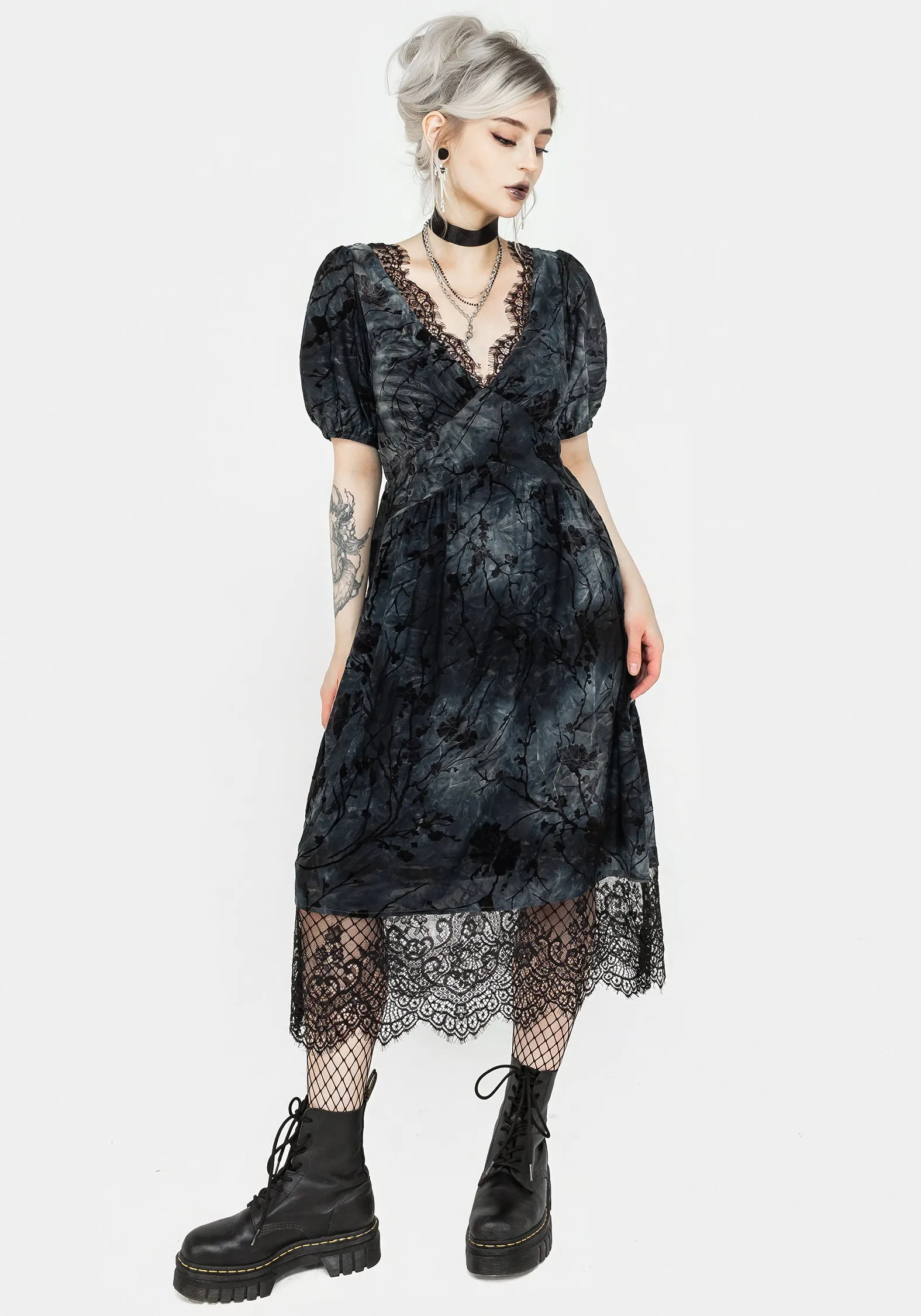 Match Quick Vice Lace Trim Velour Midi Dress