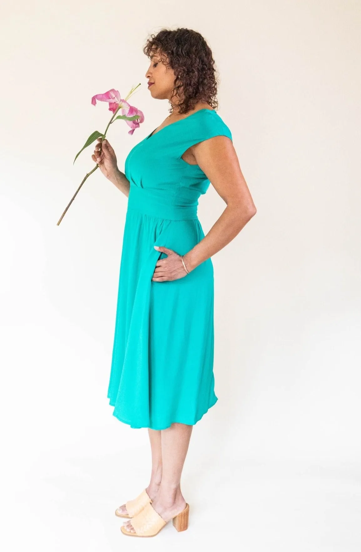 Joy dress in Teal Challis Functional Style Patterned-Fabric