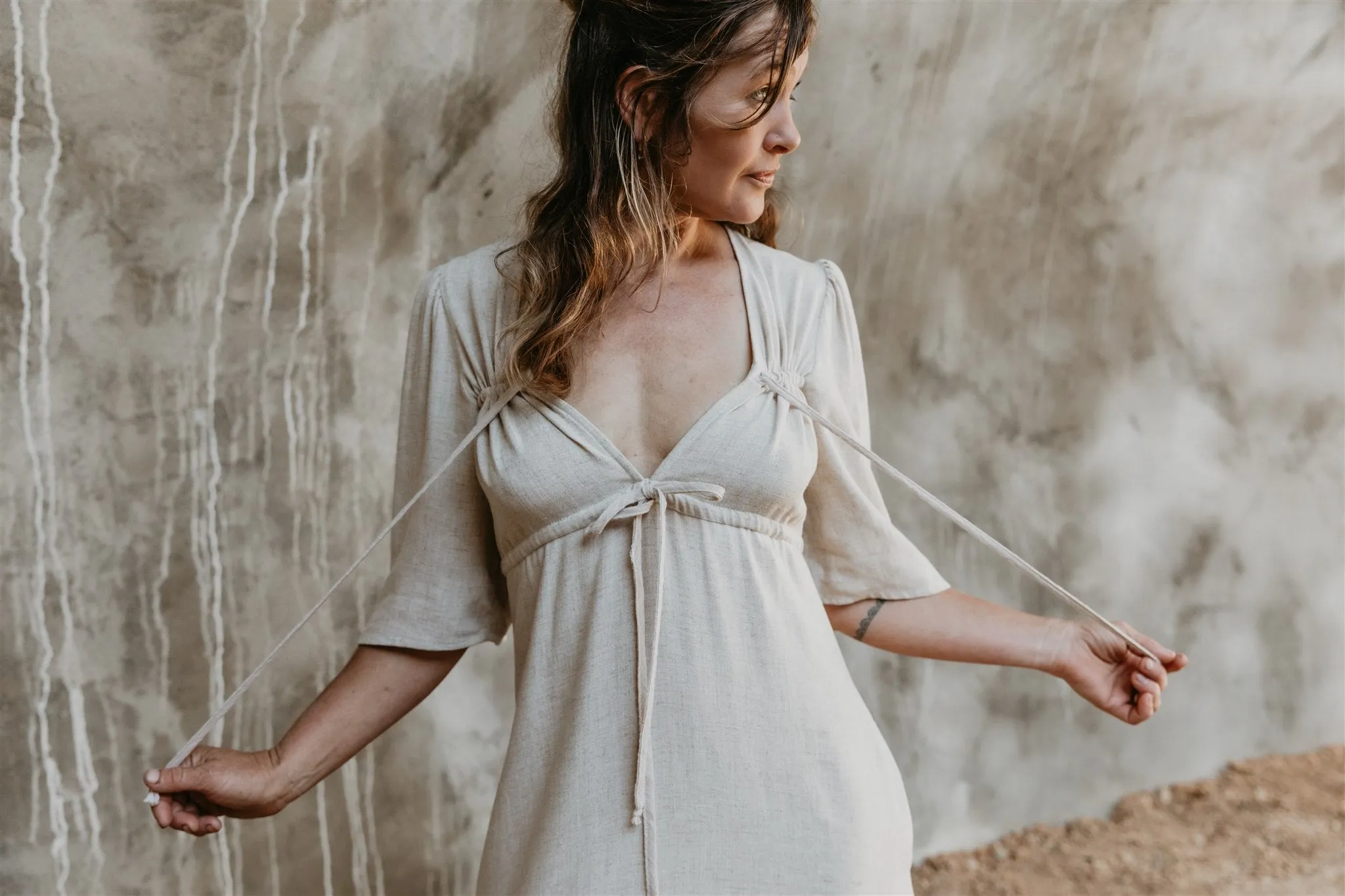 Tyrah Dress in Oat Linen Lounge Base Urban Ready