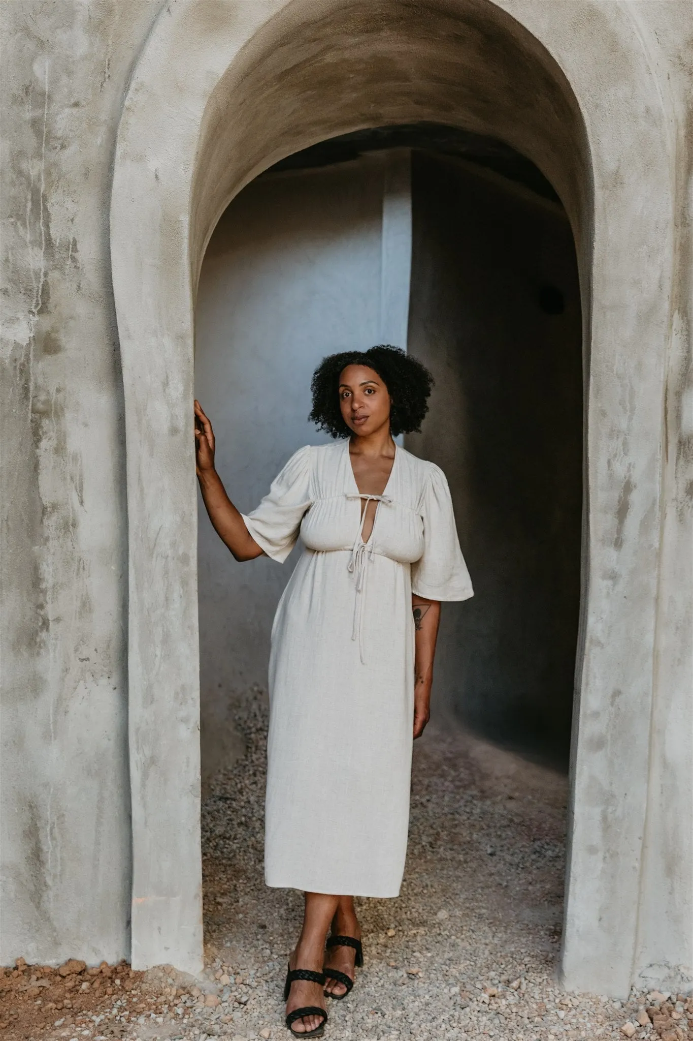 Functional Comfort Summer Wardrobe Tyrah Dress in Oat Linen