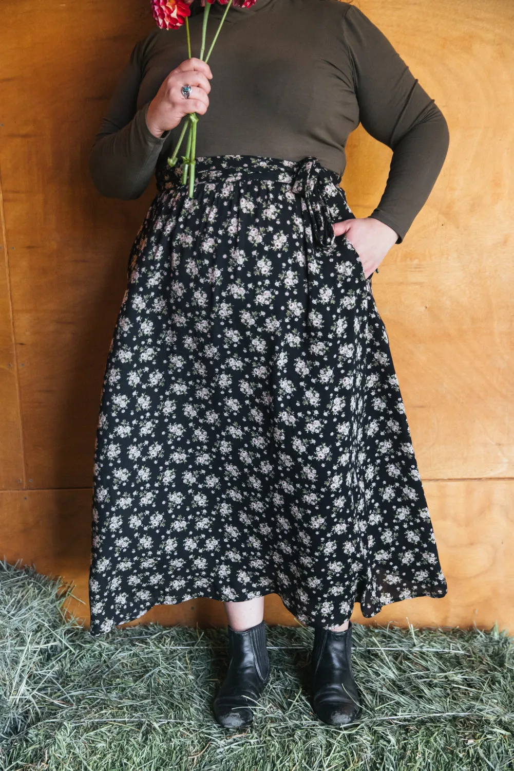 Maxi Wrap Skirt in Rose Crepe Classic Crew Neck