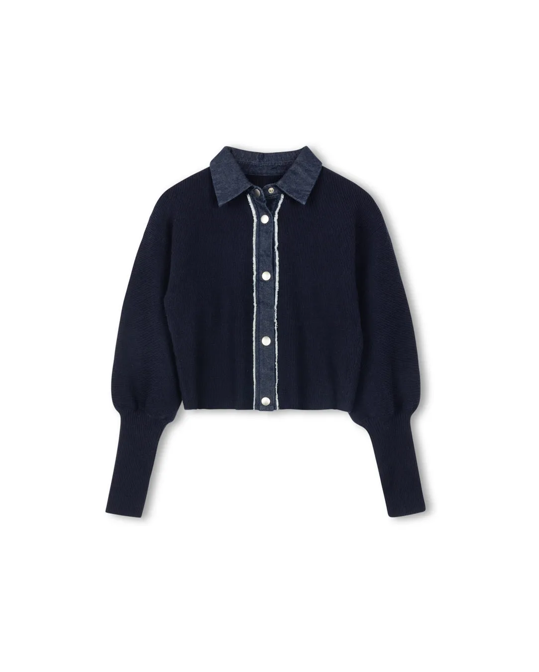 Light and Cozy Stylish Knitwear Knit Denim Frayed Placket Cardigan