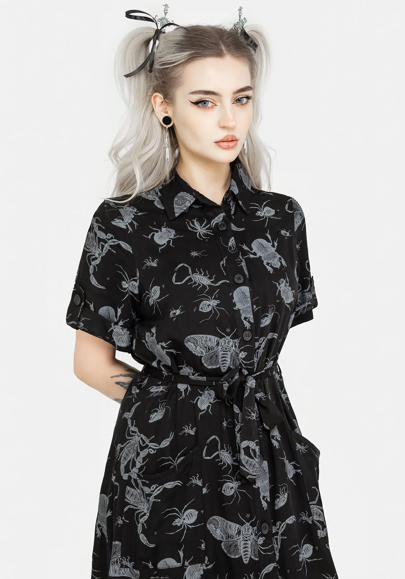 Feminine Cut Work or Casual Parasite Bugs Short Sleeve Midi Shirt Dress - Black