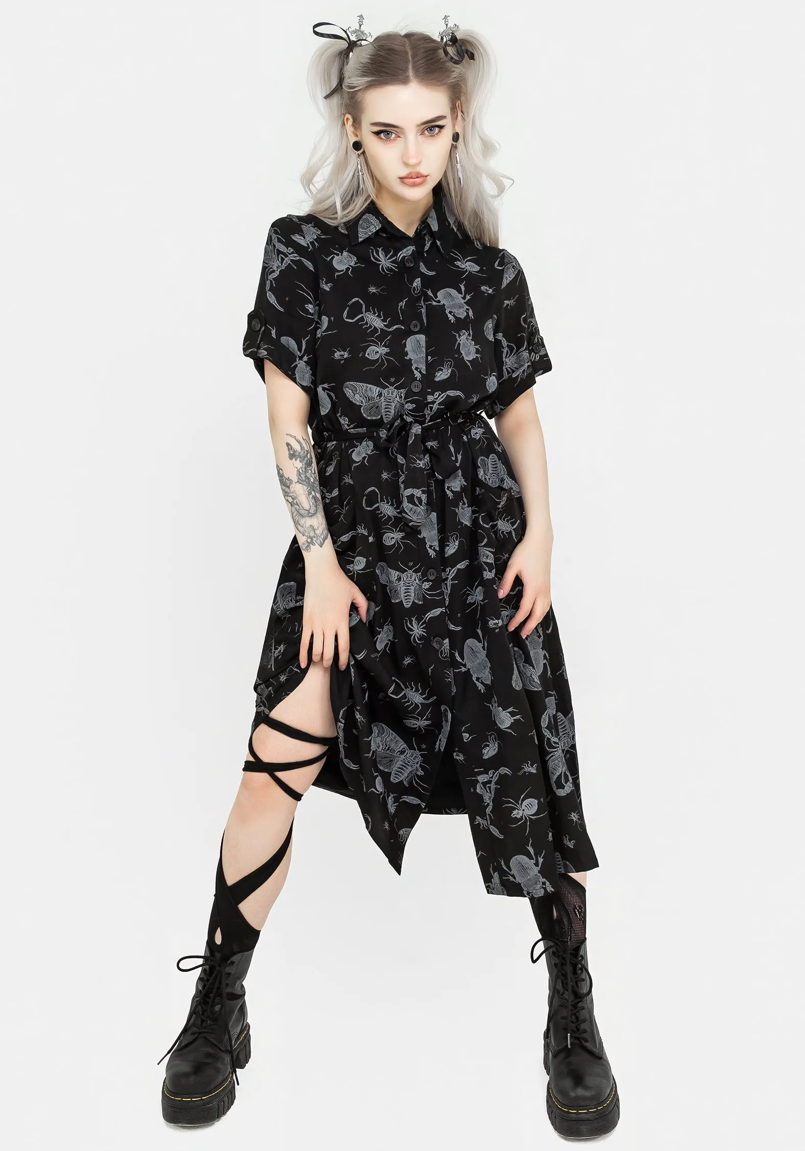 Parasite Bugs Short Sleeve Midi Shirt Dress - Black Urban Drape Soft Presence