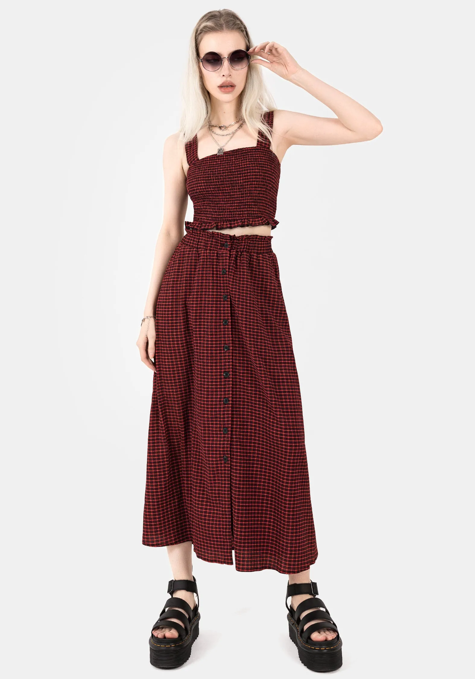 Temperature Control Fabric Carmine Textured Check Crop Top
