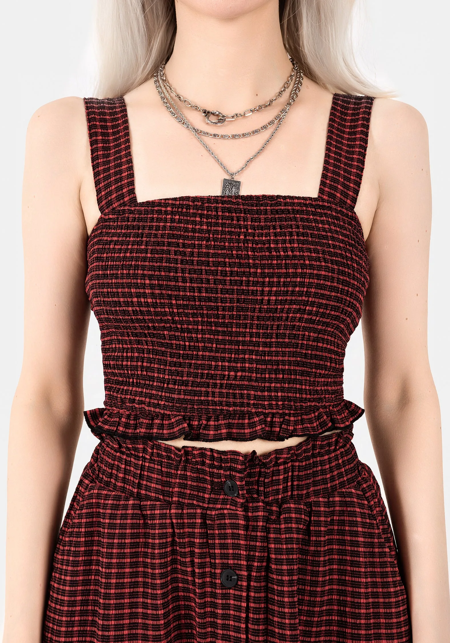 Carmine Textured Check Crop Top AntiStaticLining Quick Dry Blend