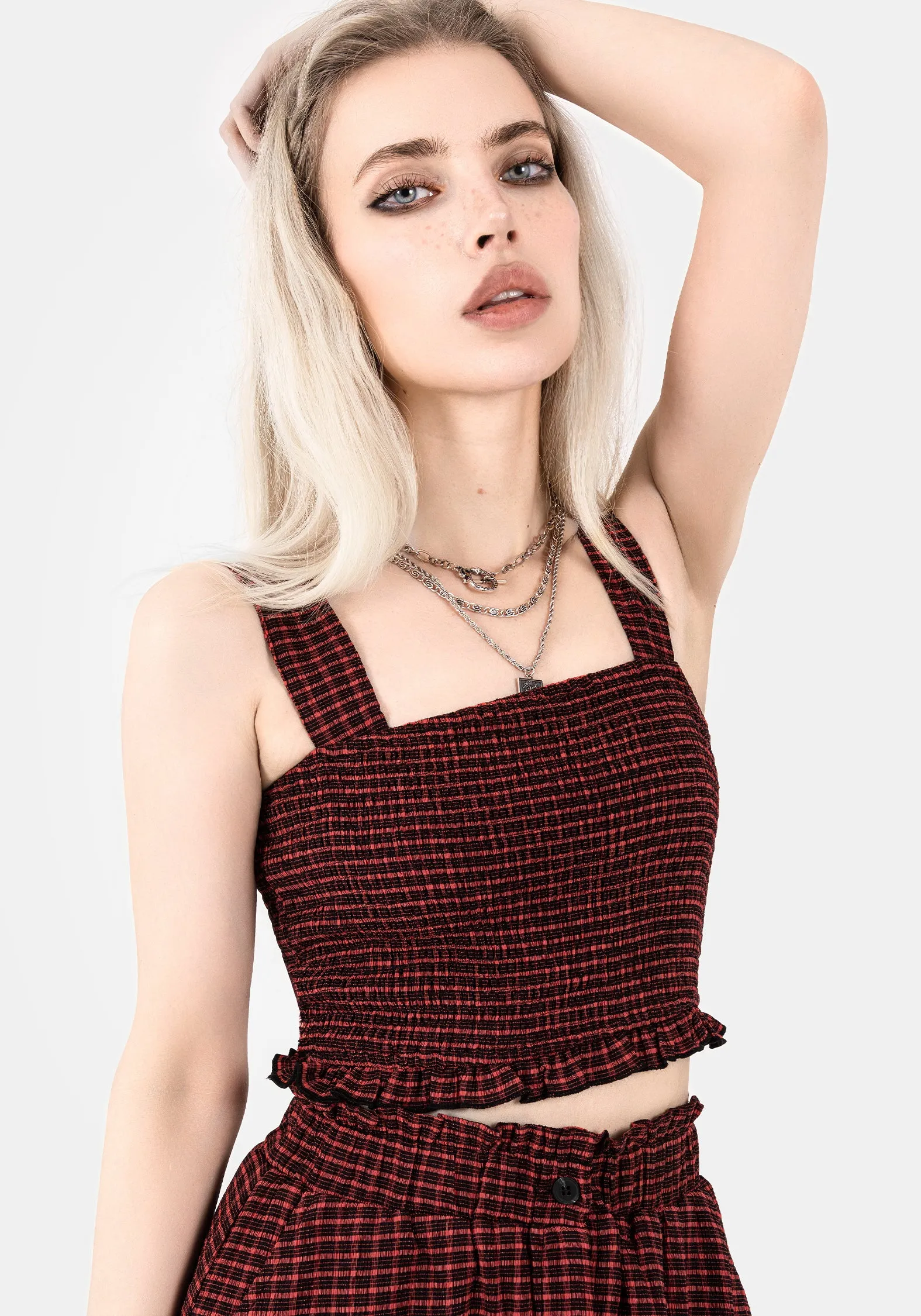 Carmine Textured Check Crop Top EcoFriendly Manufacturing