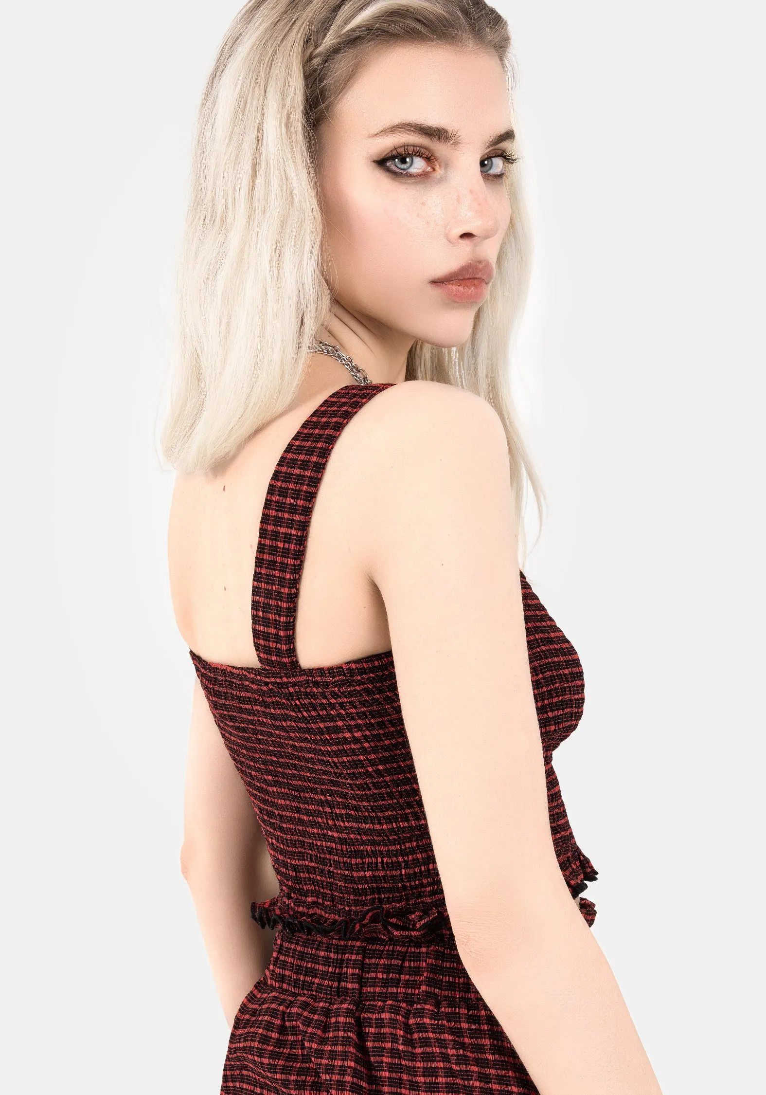 WaterResistant Carmine Textured Check Crop Top