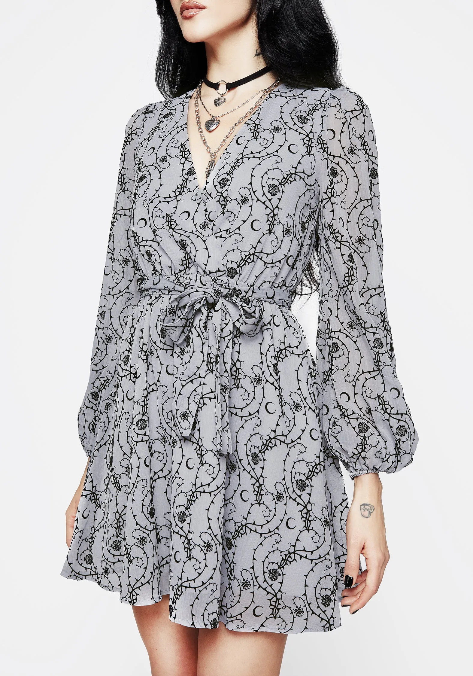 Rosethorn Flocked Velour Chiffon Faux Wrap Mini Dress - Blue Gentle Glow Flattering Shape