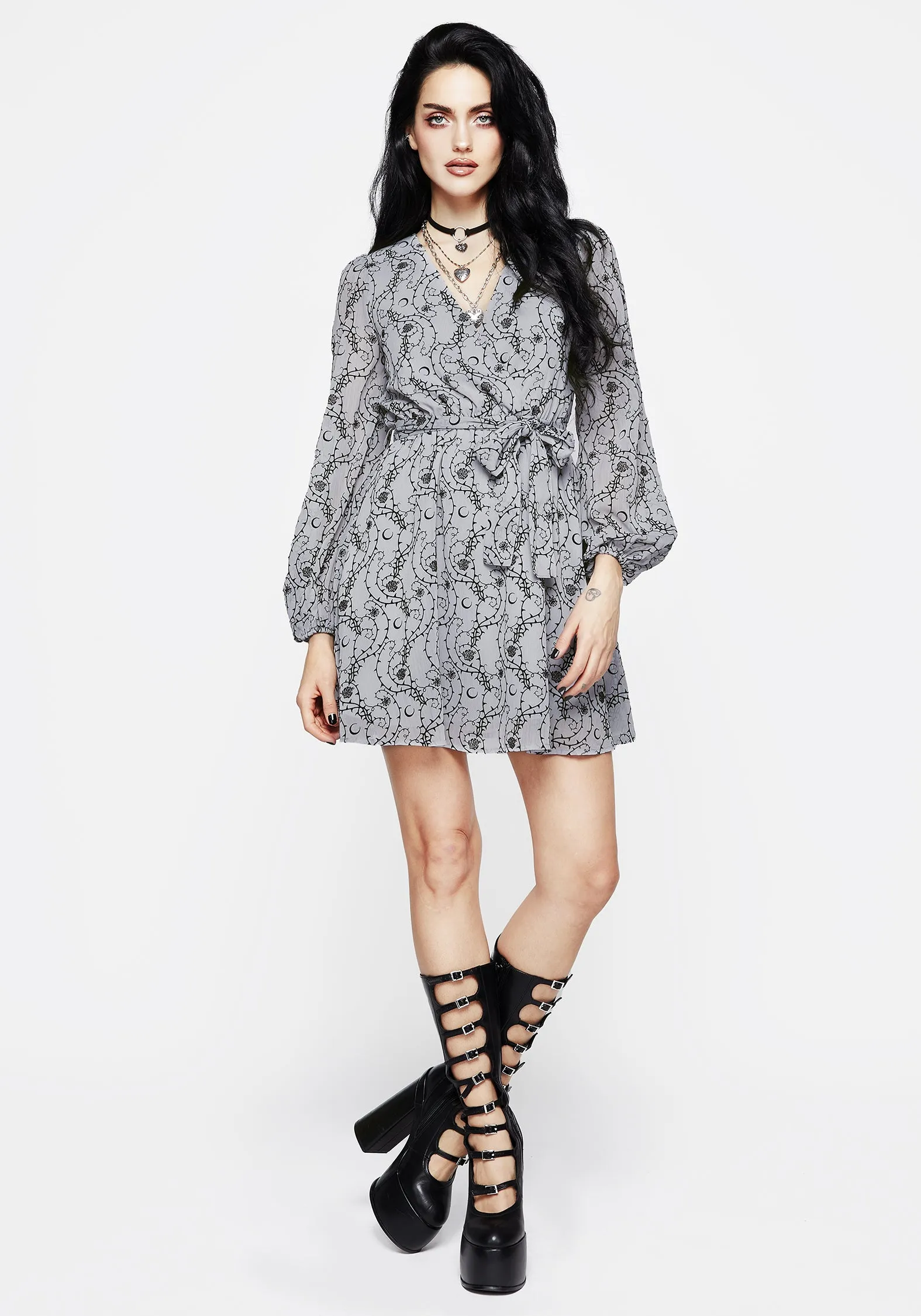 Rosethorn Flocked Velour Chiffon Faux Wrap Mini Dress - Blue Night wear Simple Profile