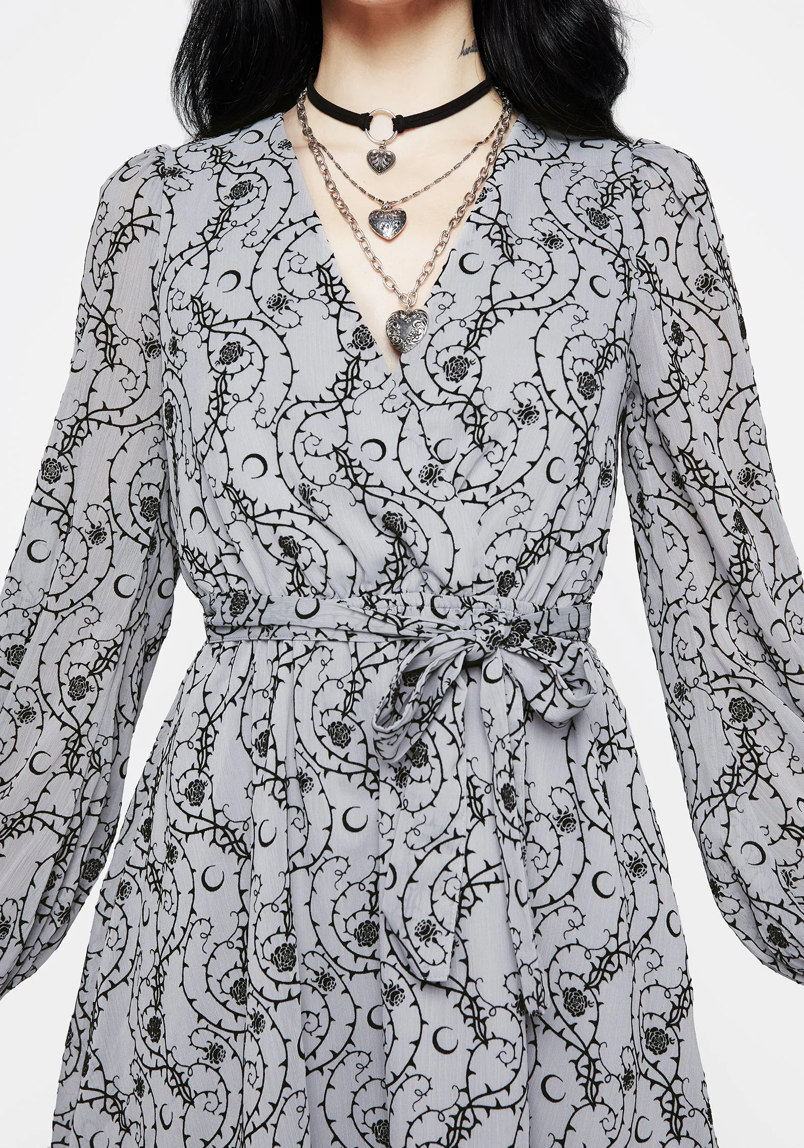 Rosethorn Flocked Velour Chiffon Faux Wrap Mini Dress - Blue Autumn Essential Flattering Shape Look