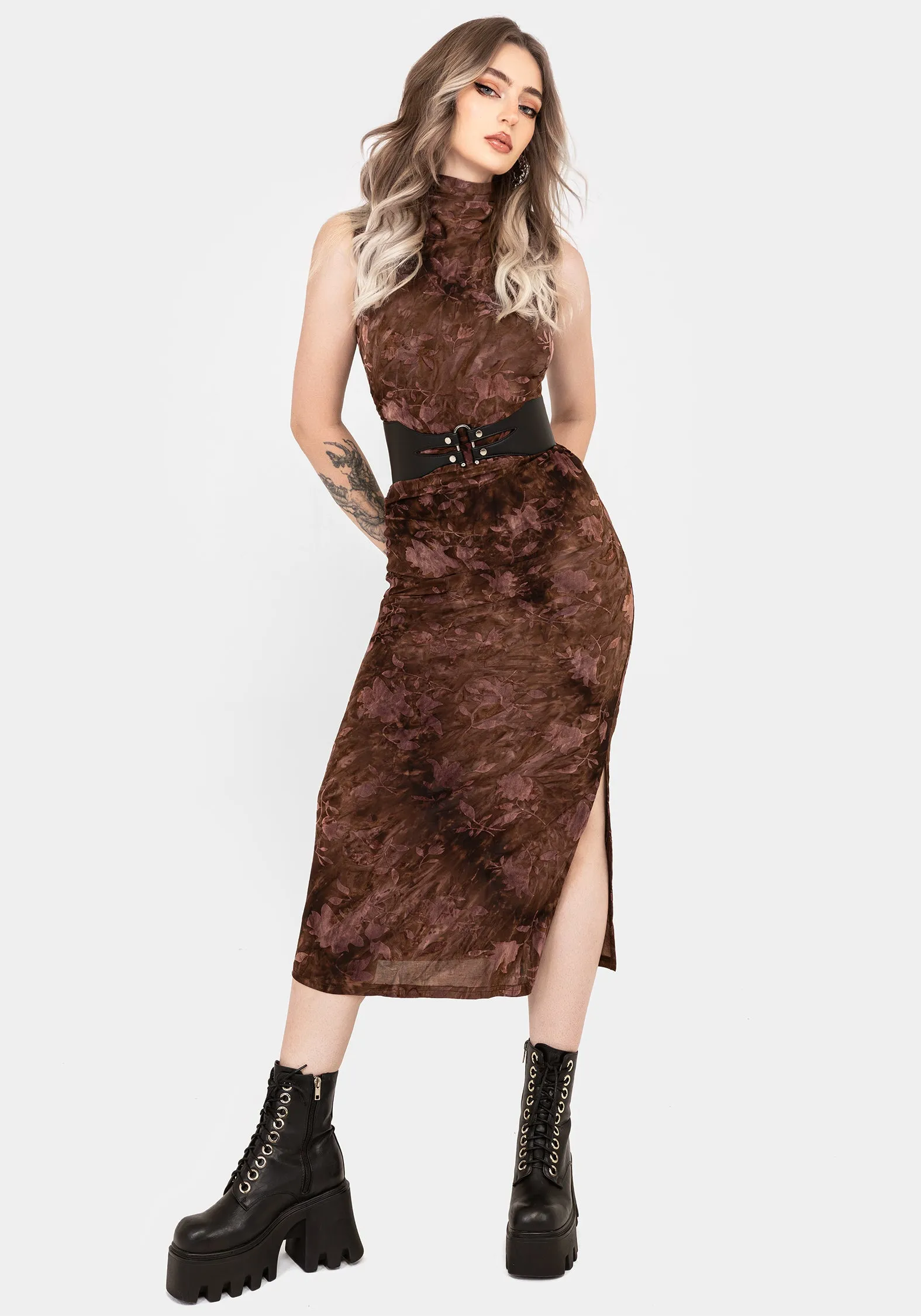 Chiffon Glow Rock Shore Serenade High Neck Ruched Floral Midaxi Dress