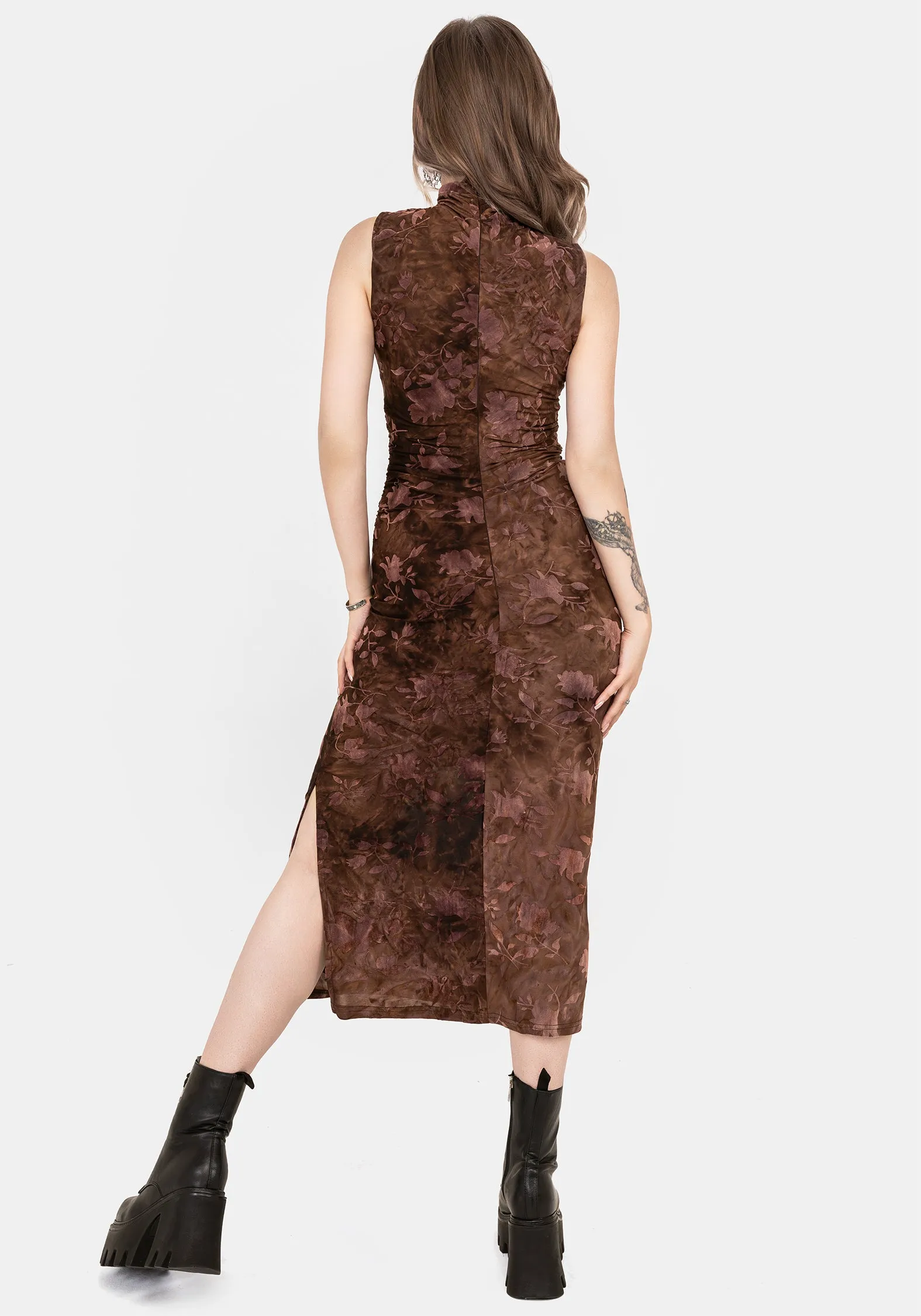 Village Glow Yellow Sun Serenade High Neck Ruched Floral Midaxi Dress