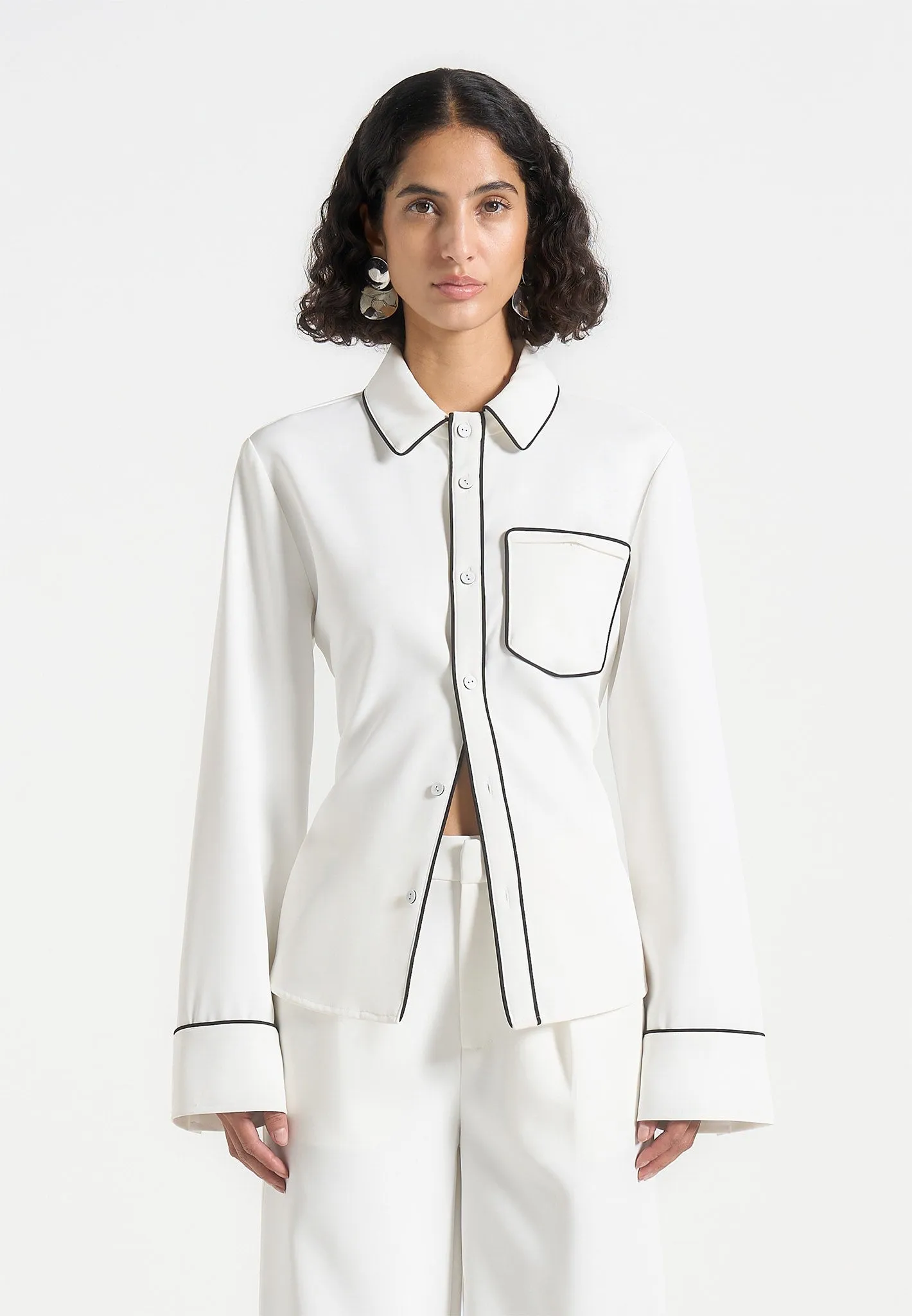 Contrast Piped Backless Tie Shirt - White/Black oversized but not shapeless