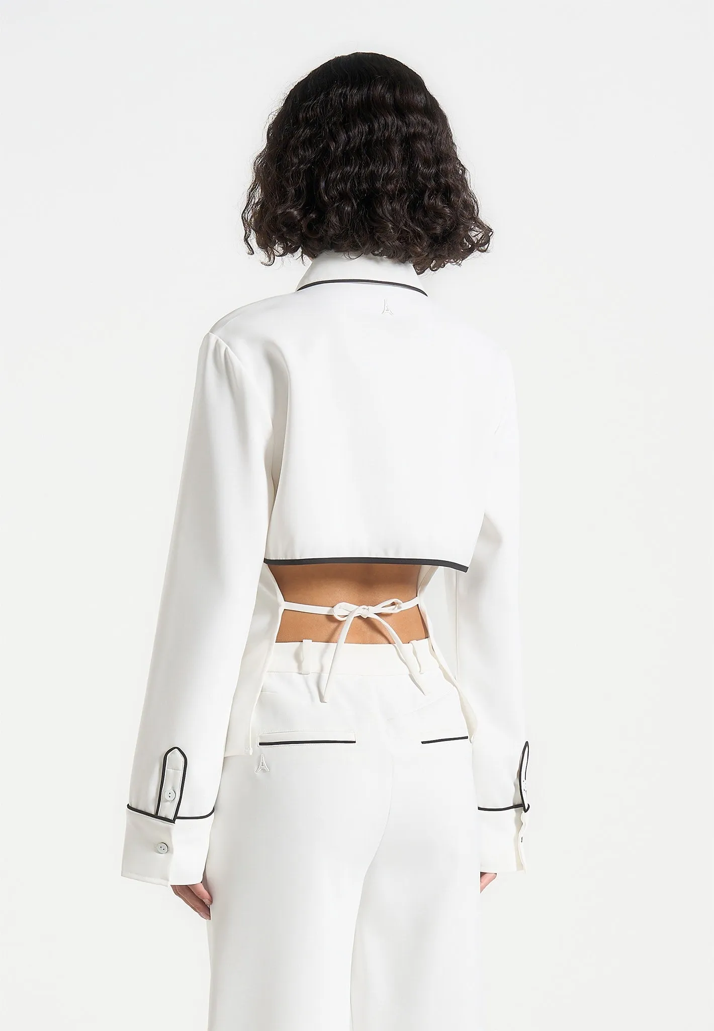 Contrast Piped Backless Tie Shirt - White/Black BreathableMaterial Casual Comfort Wear