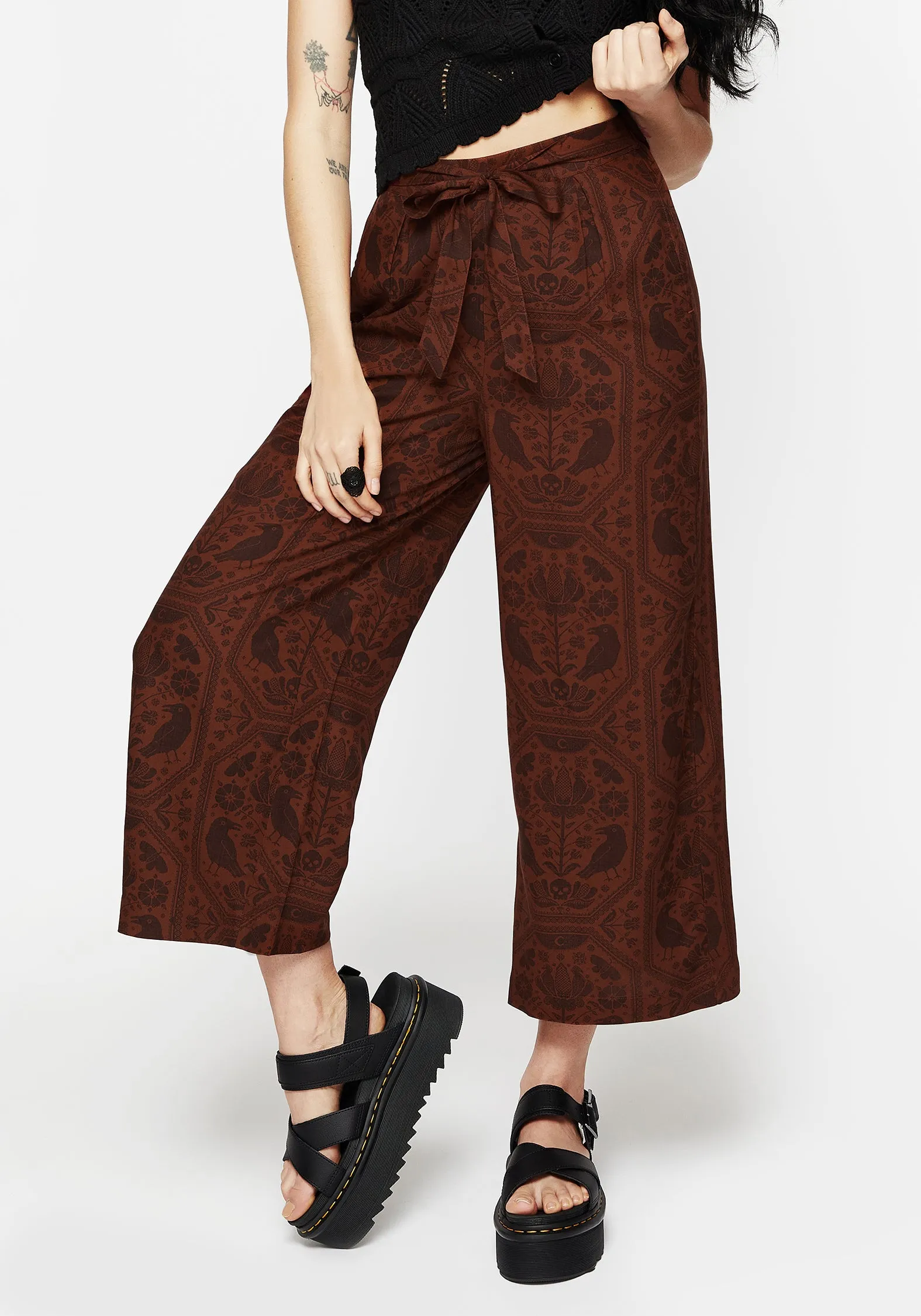 Clean Outfit Split hem Annabel Tie Waist Wide Leg Culotte Trousers - Rust
