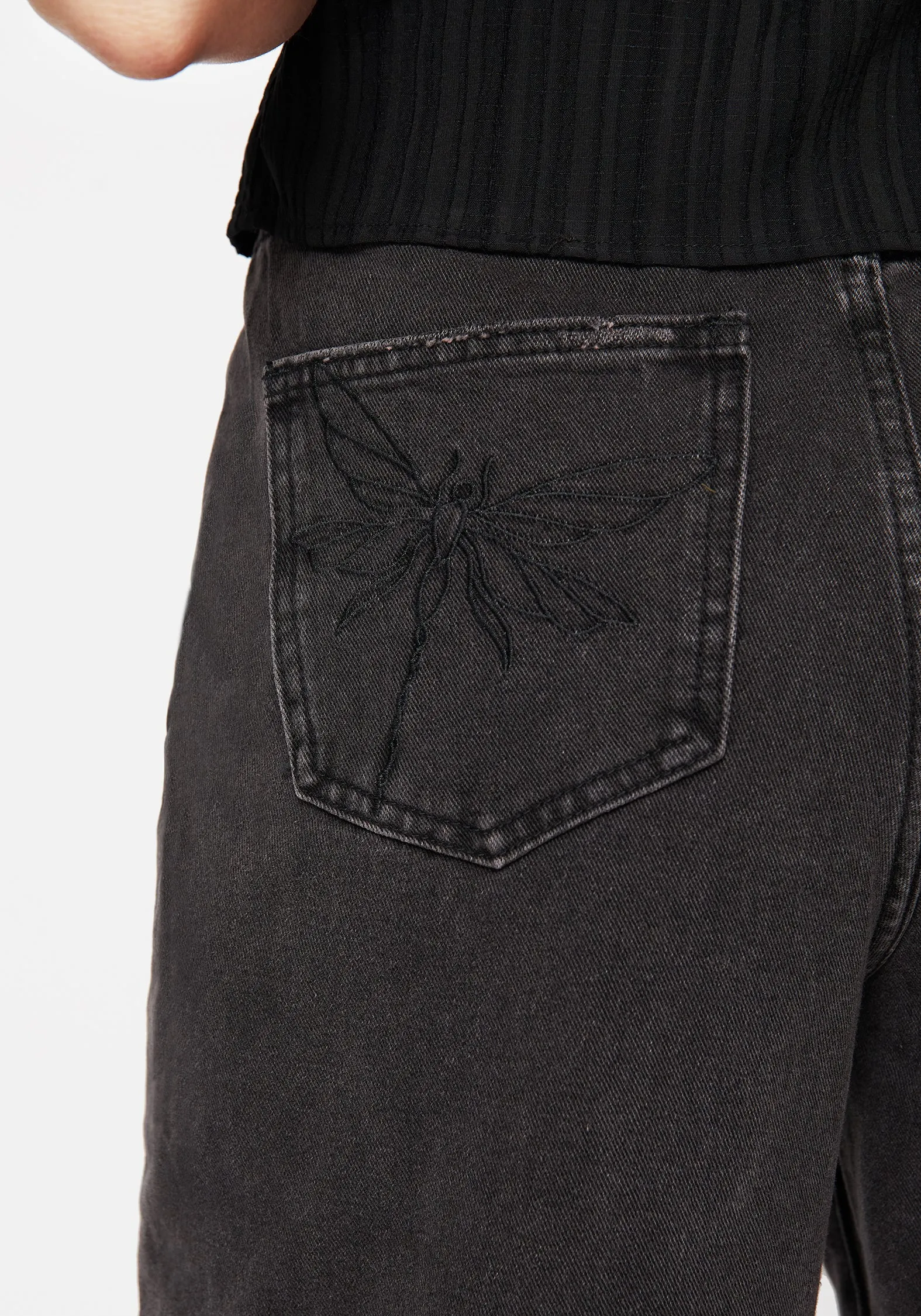 Dragonfly Embroidered Wide Leg Denim Culotte Jeans Embroidered Detail Non Irritating Tags