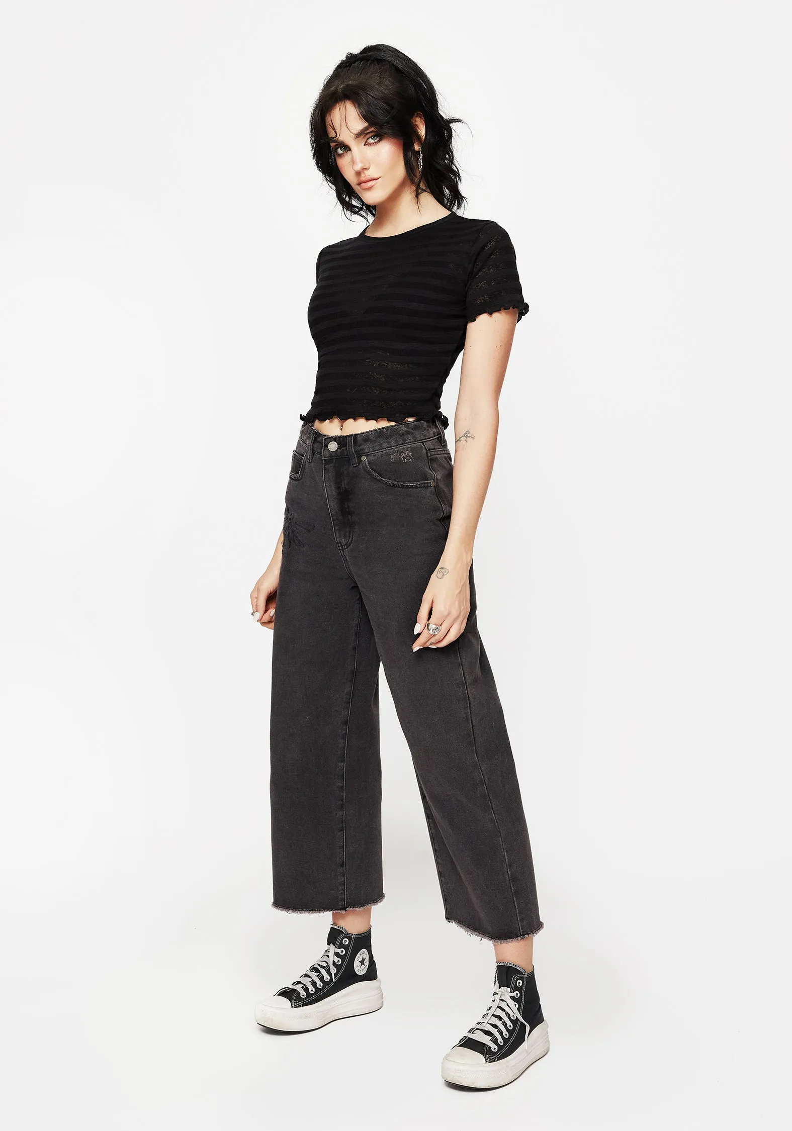 Daily Uniform Dragonfly Embroidered Wide Leg Denim Culotte Jeans