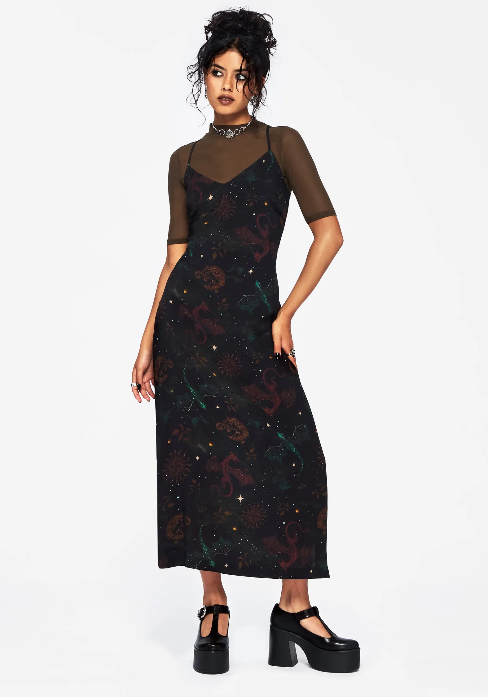 Phoenix Dragon Printed Cami Midi Dress Pocket-Detail Coral Soft