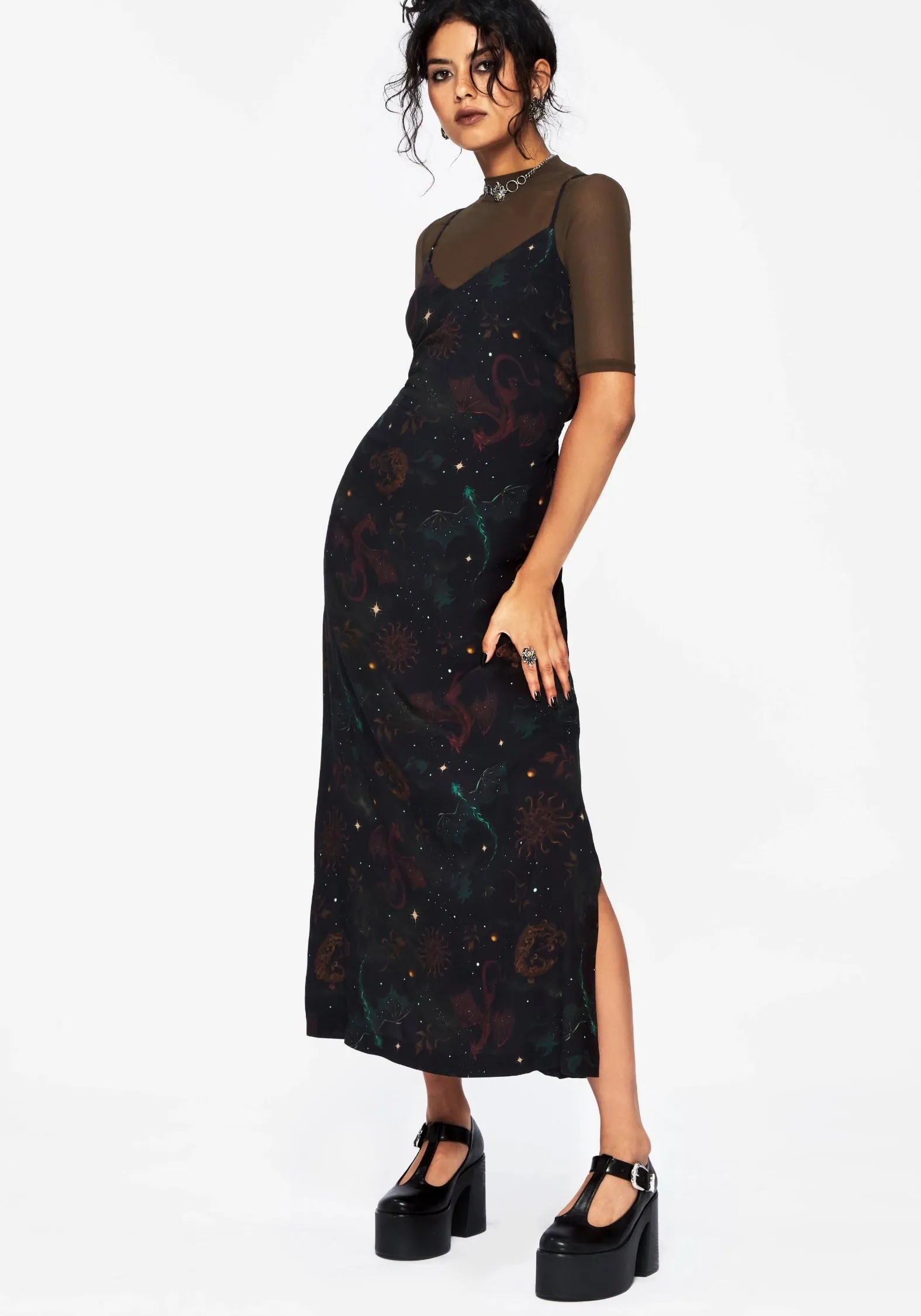 EasyCareMaterial Phoenix Dragon Printed Cami Midi Dress