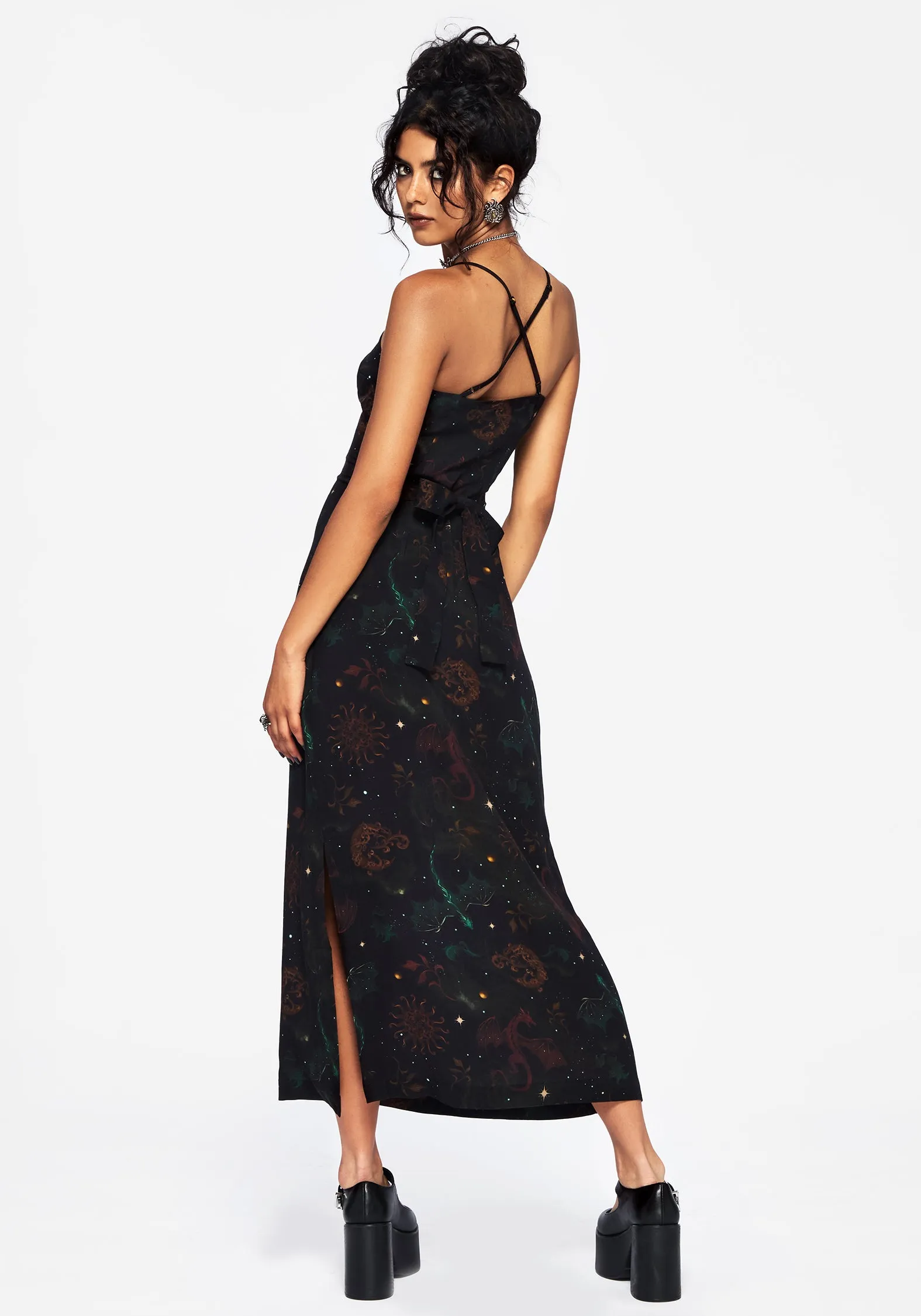 Phoenix Dragon Printed Cami Midi Dress Skin Tone