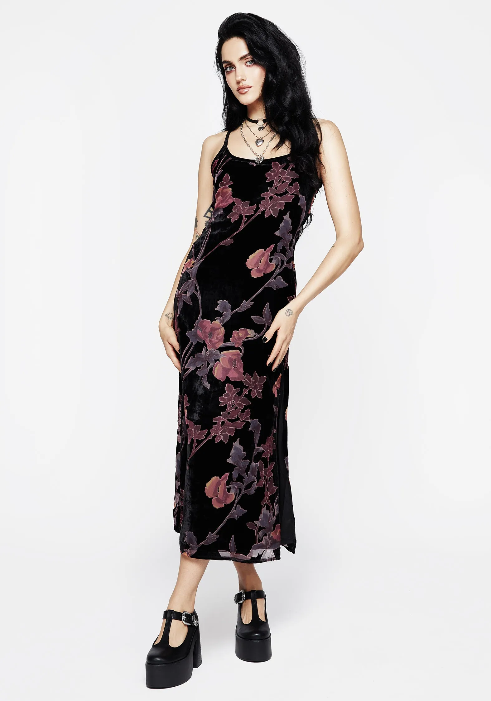 Calm Tone Waterlily Devor?? Velour Midaxi Slip Dress