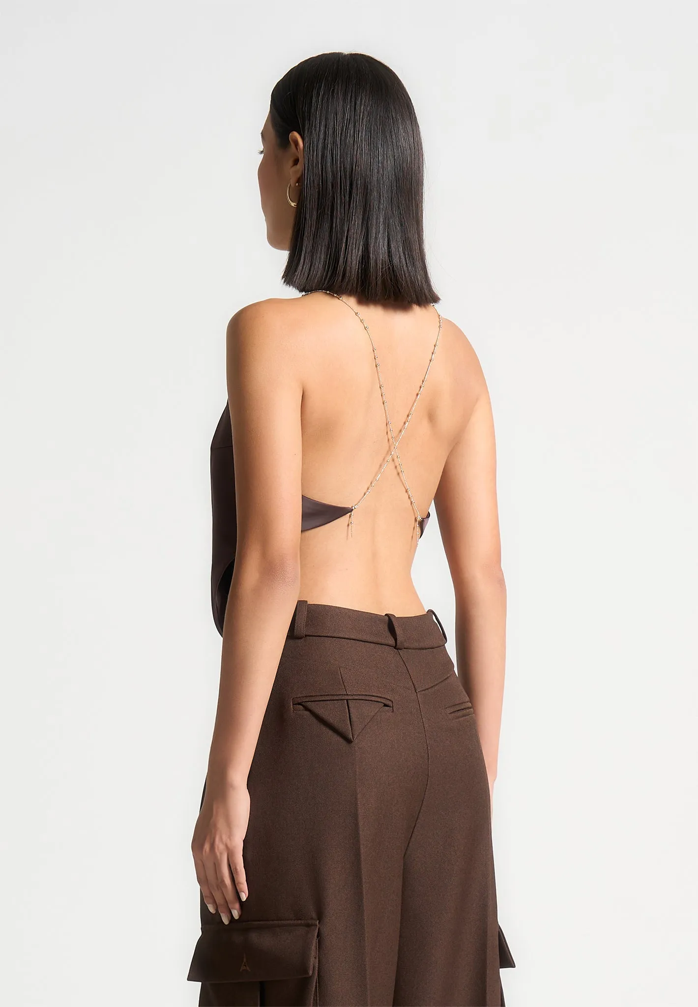 Light and Soft Satin Cowl Neck Top with Chain Detail - Brown