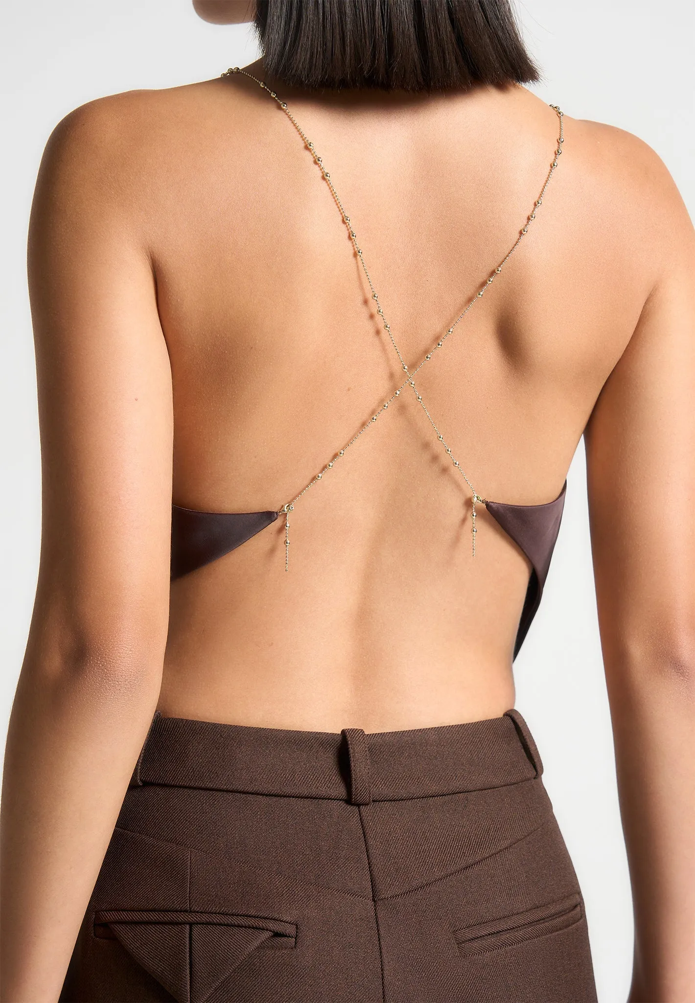 Satin Cowl Neck Top with Chain Detail - Brown Daily Style Trend