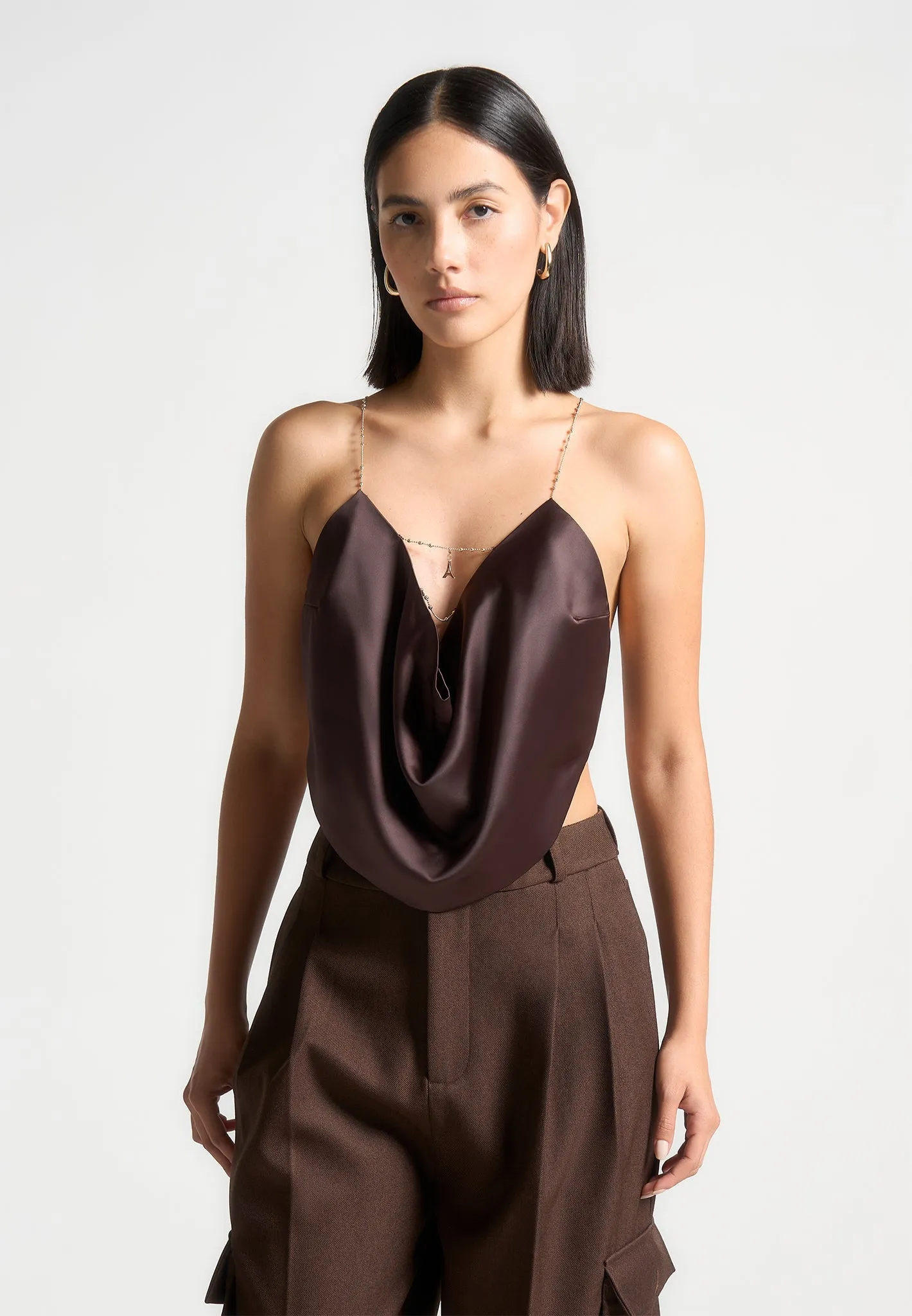 Satin Cowl Neck Top with Chain Detail - Brown Casual Style Wear