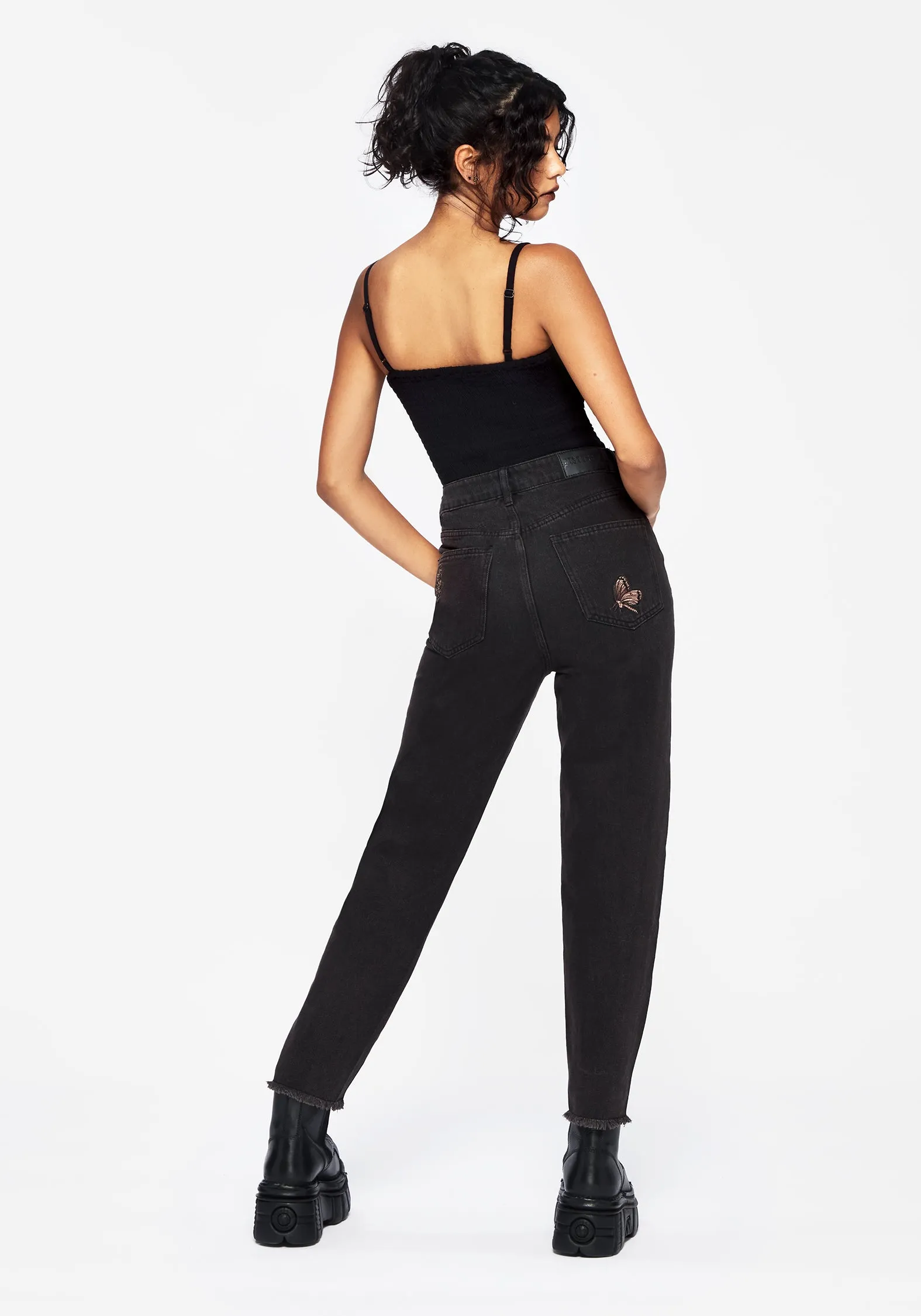 Valeria Floral Moth Embroidered Mom Jeans Everyday Basic