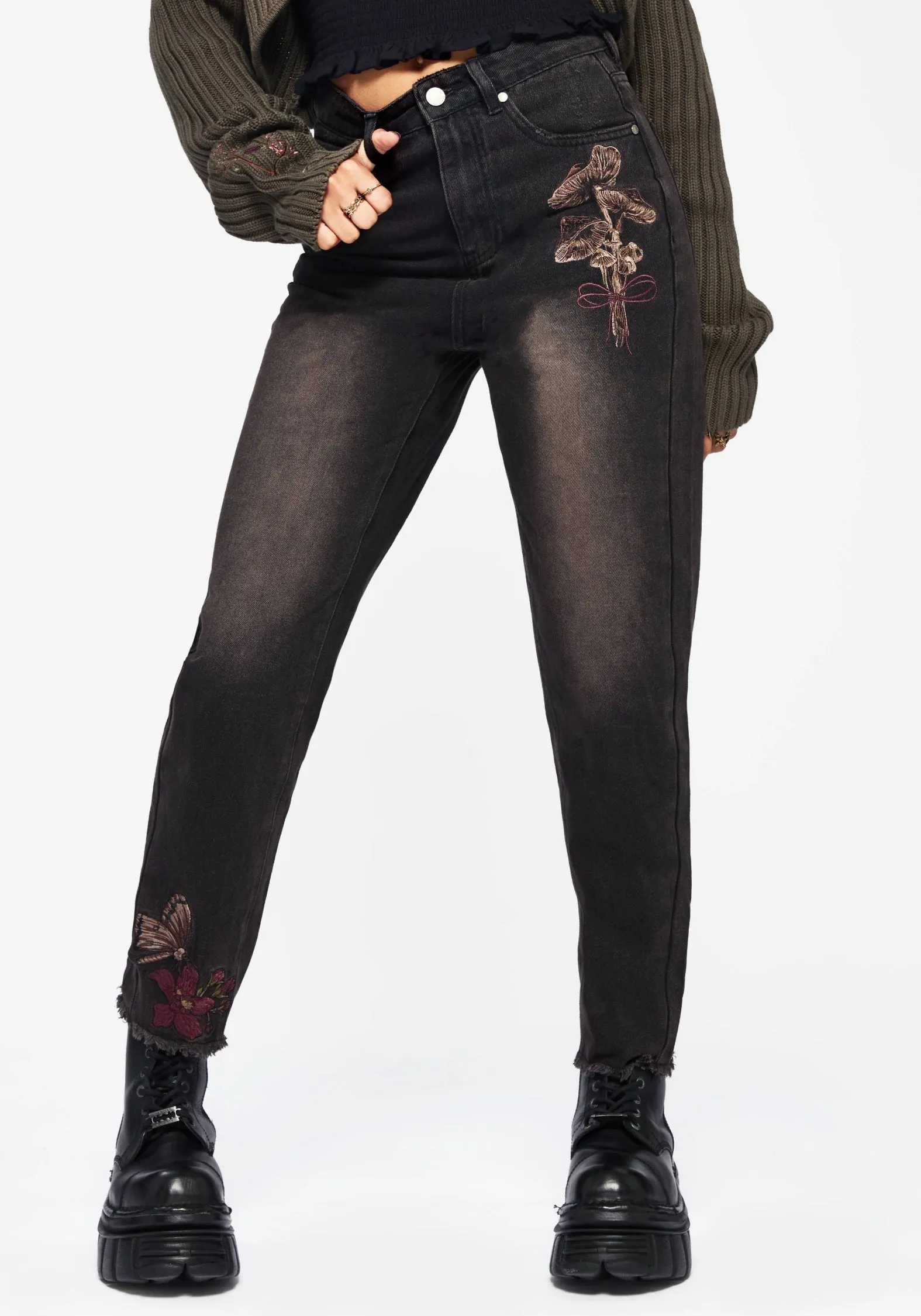Urban Fit Valeria Floral Moth Embroidered Mom Jeans