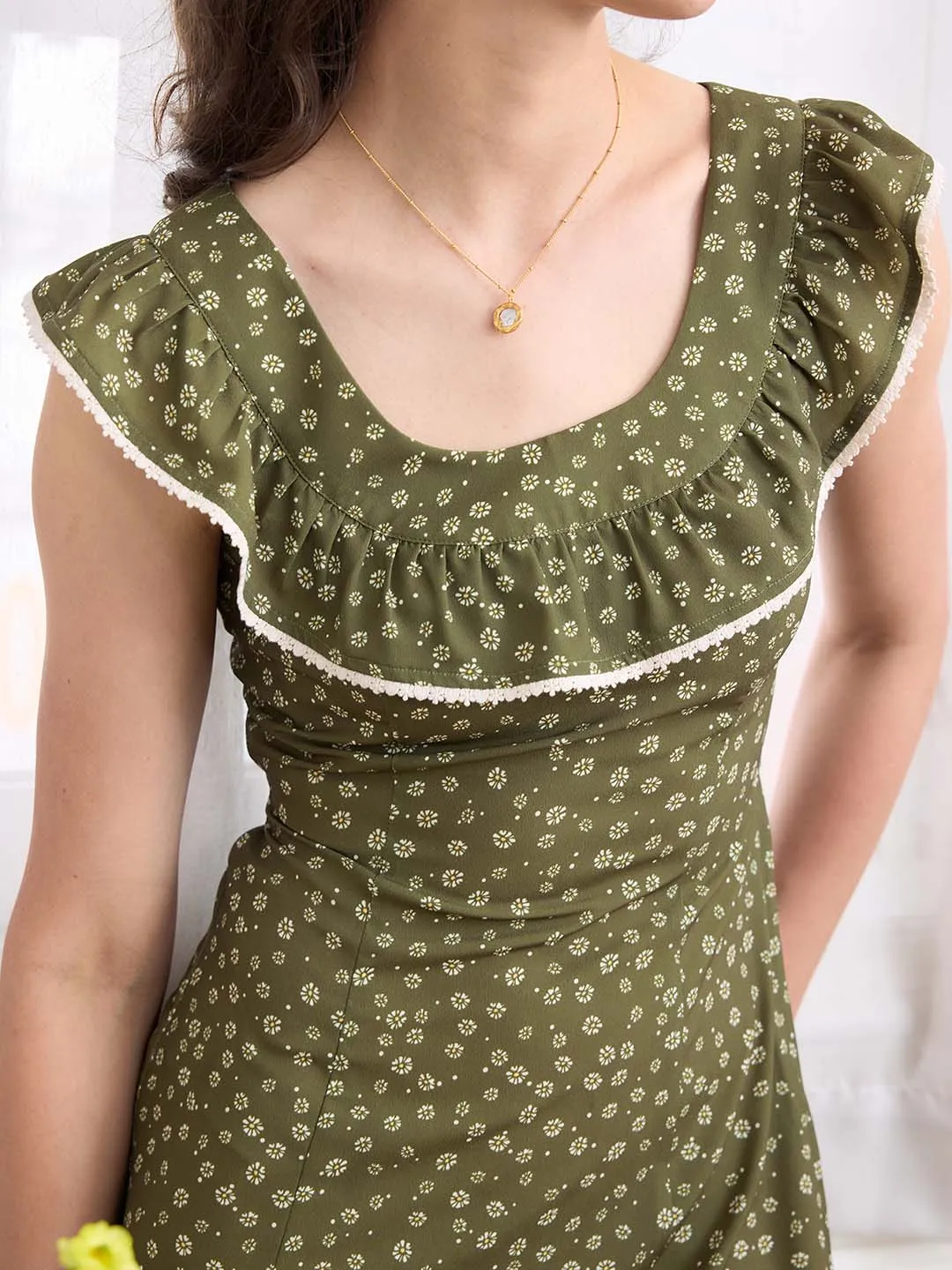 Sophisticated Touch Denver Ditsy Floral Print Ruffle Trim Split Dress