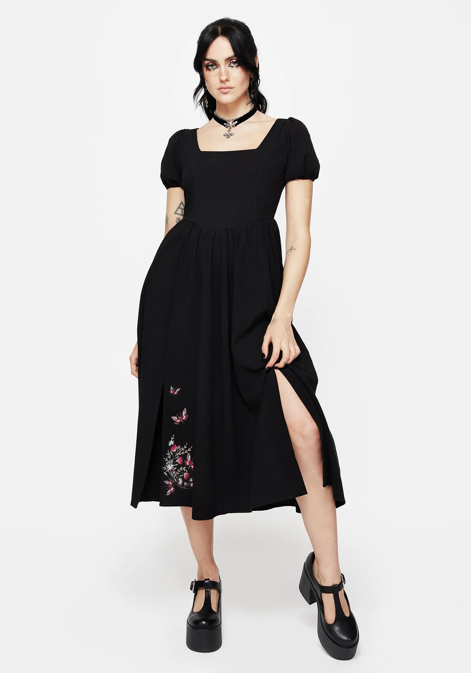 Copia Moth Embroidered Cotton Puff Sleeve Split Skirt Midi Dress Birthday-Celebration