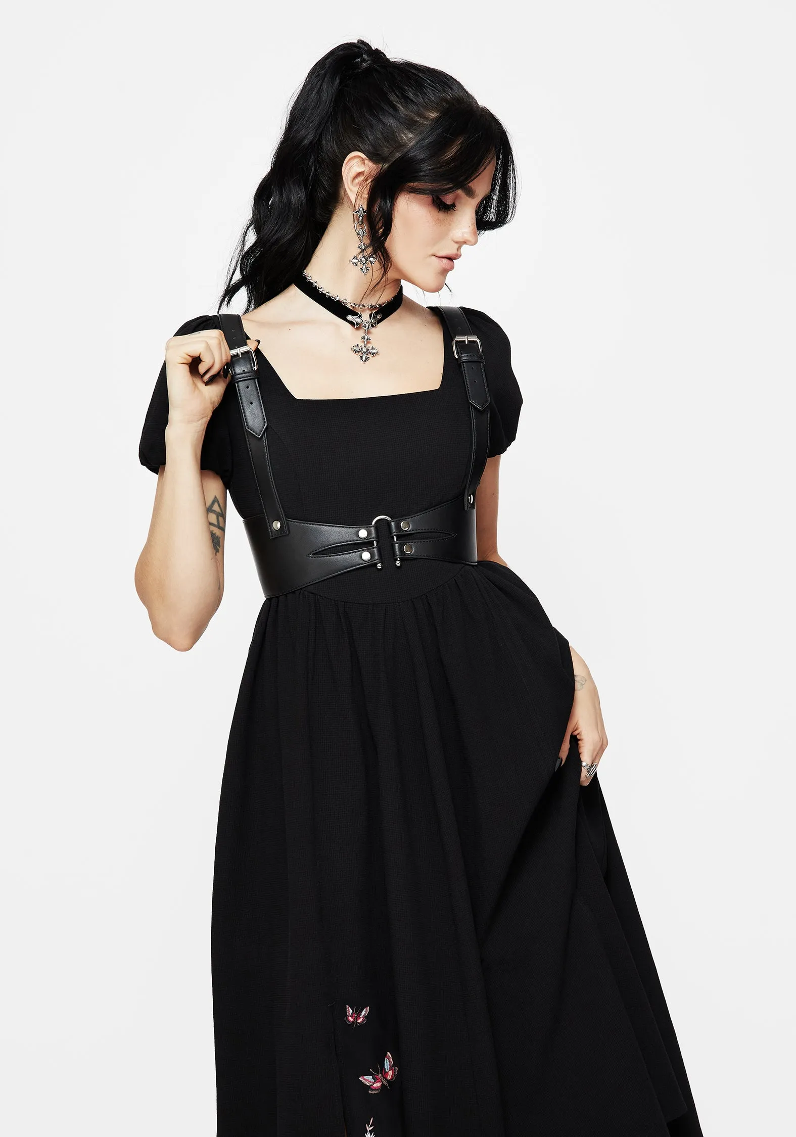 elegant design Copia Moth Embroidered Cotton Puff Sleeve Split Skirt Midi Dress