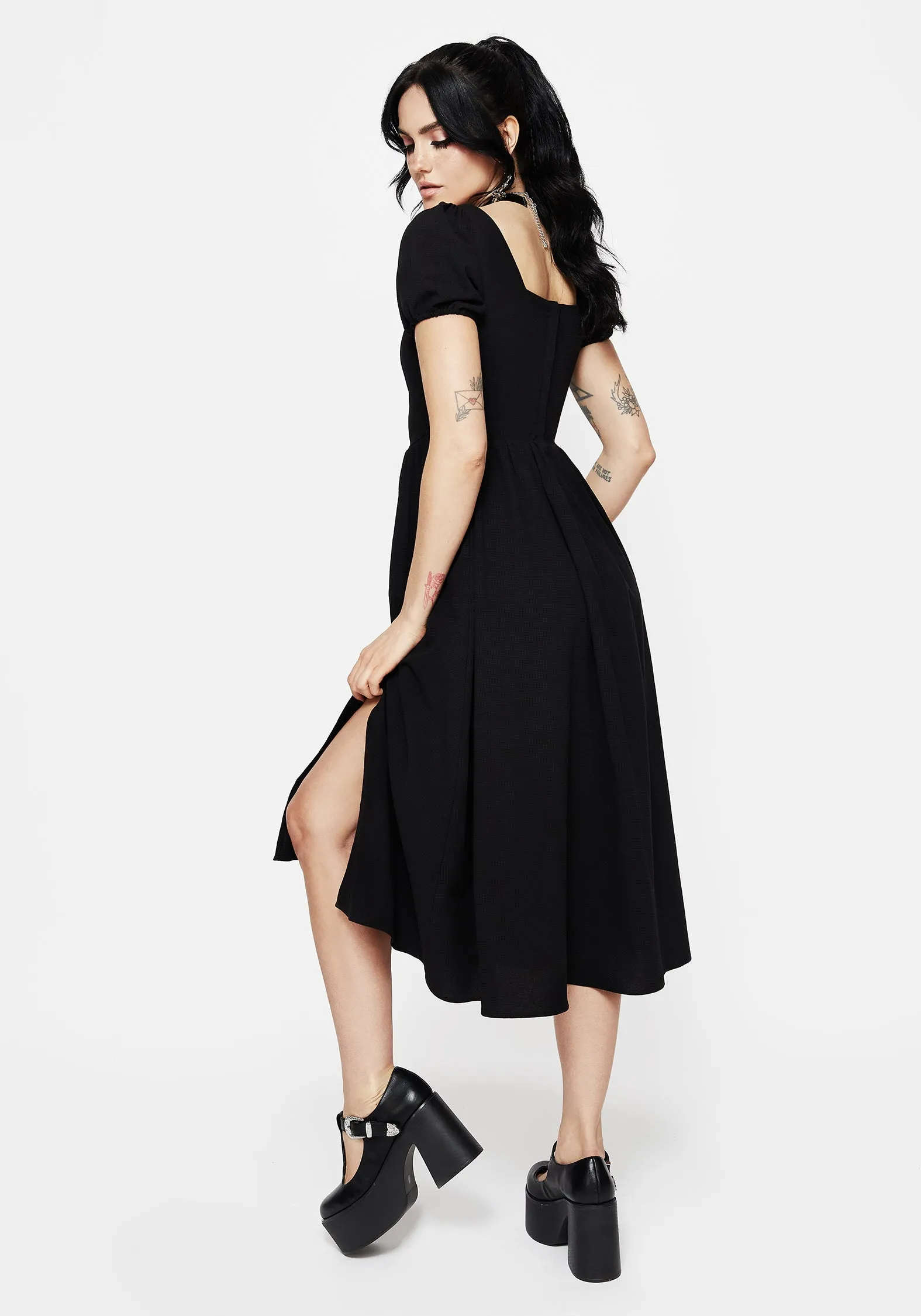 Copia Moth Embroidered Cotton Puff Sleeve Split Skirt Midi Dress Shore Time