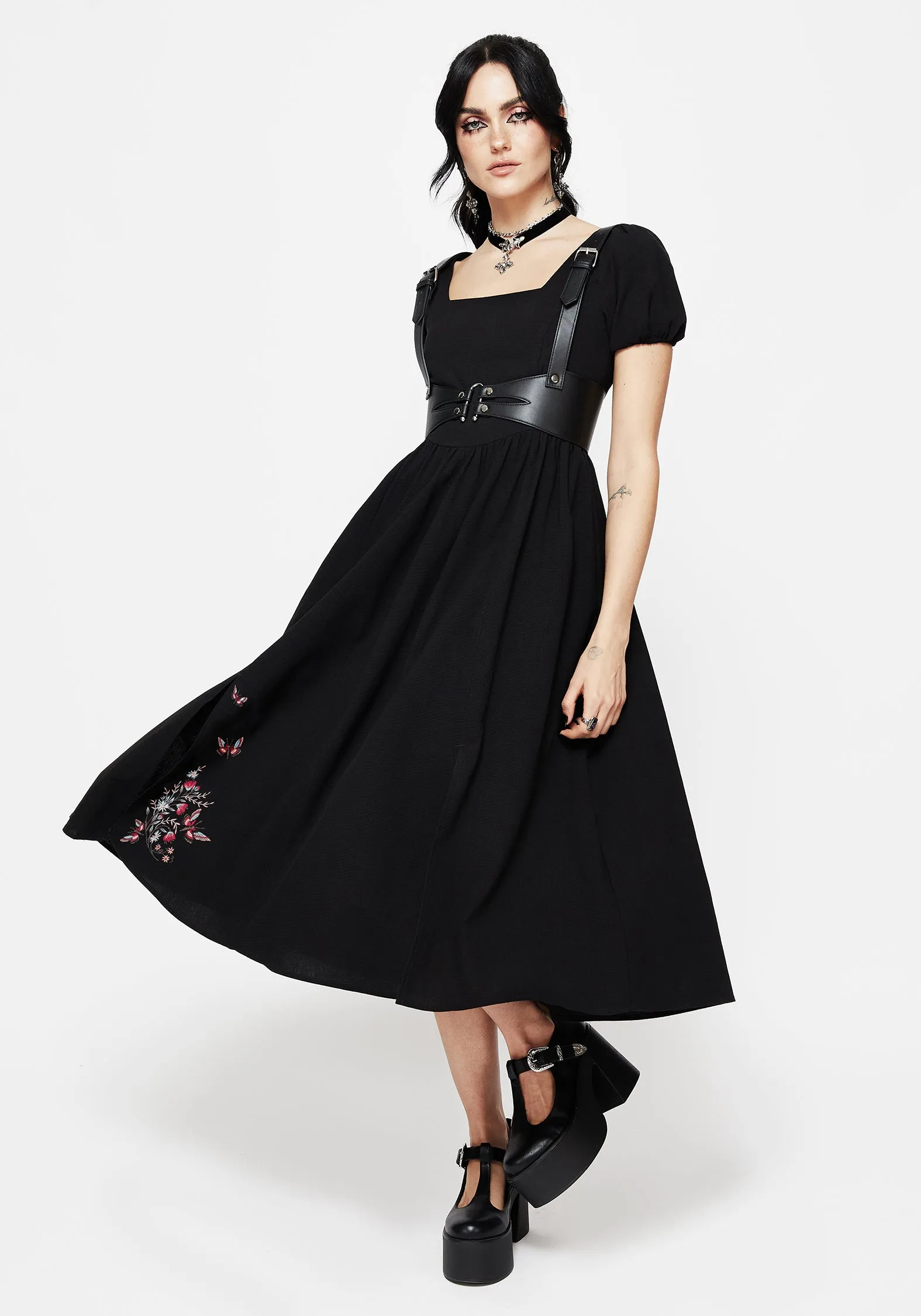 Copia Moth Embroidered Cotton Puff Sleeve Split Skirt Midi Dress Wood Scent Effortless Comfort