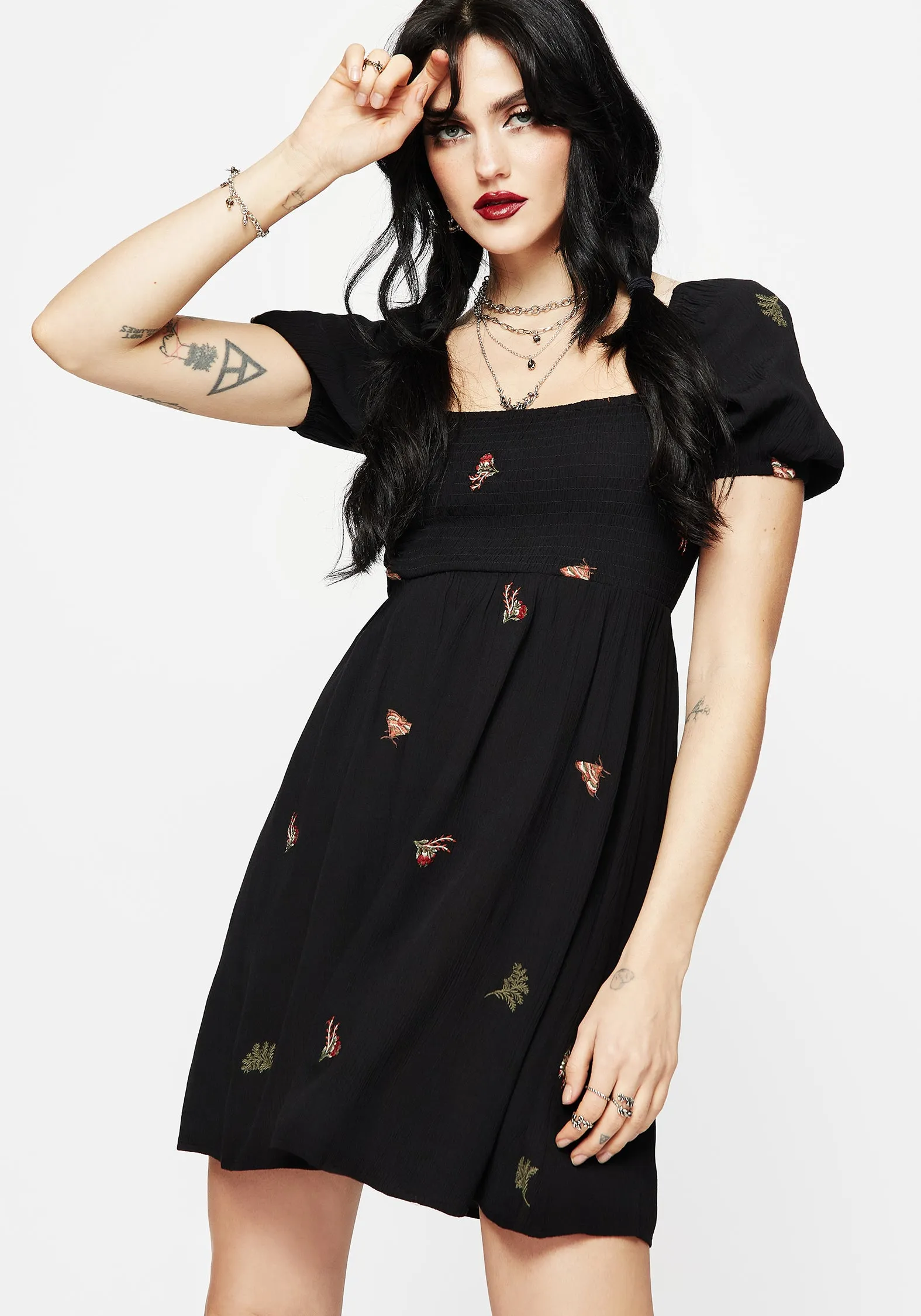 Satin-Sleeve Texture Style Copia Moth Embroidered Puff Sleeve Mini Dress