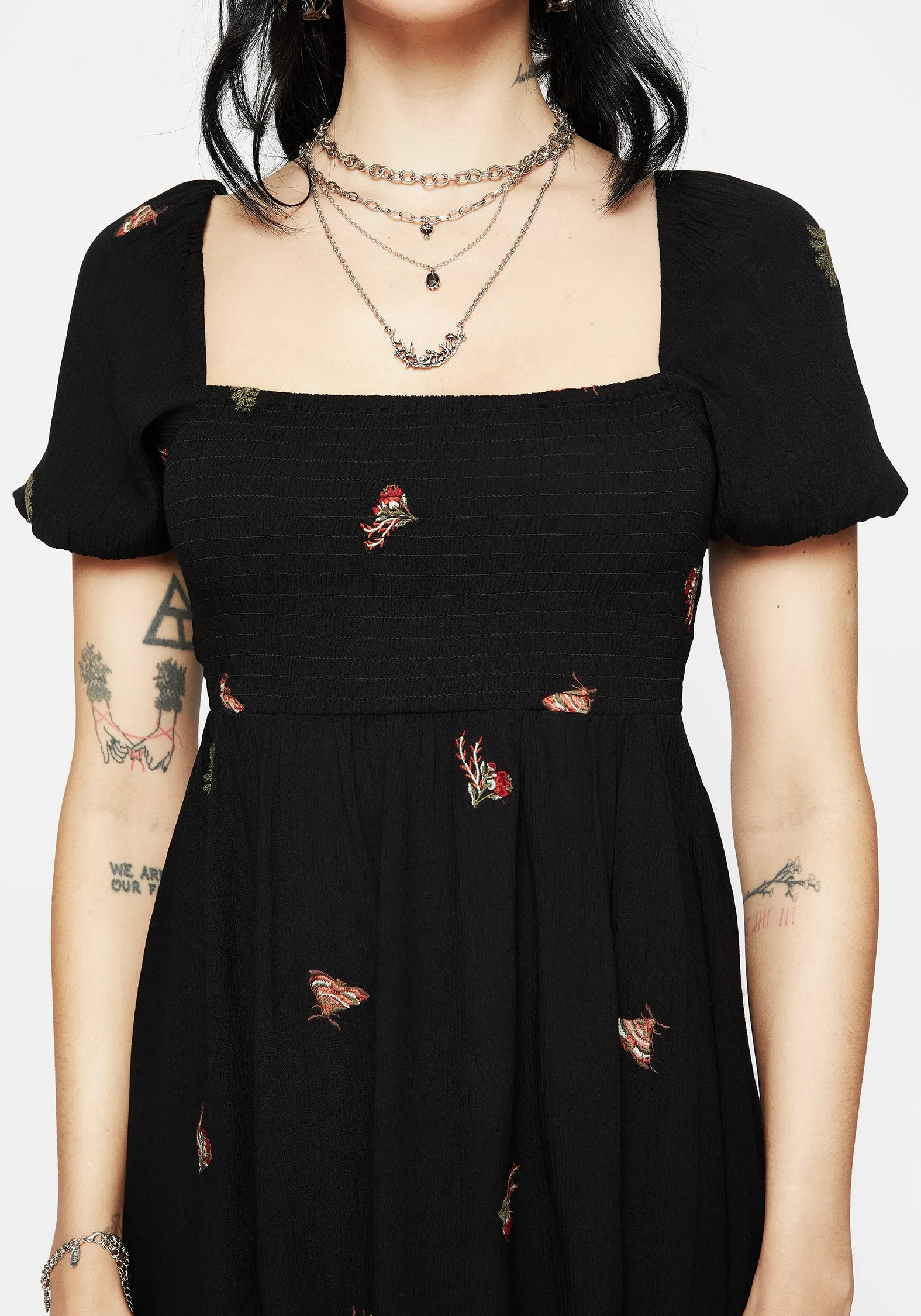 High Beat Copia Moth Embroidered Puff Sleeve Mini Dress