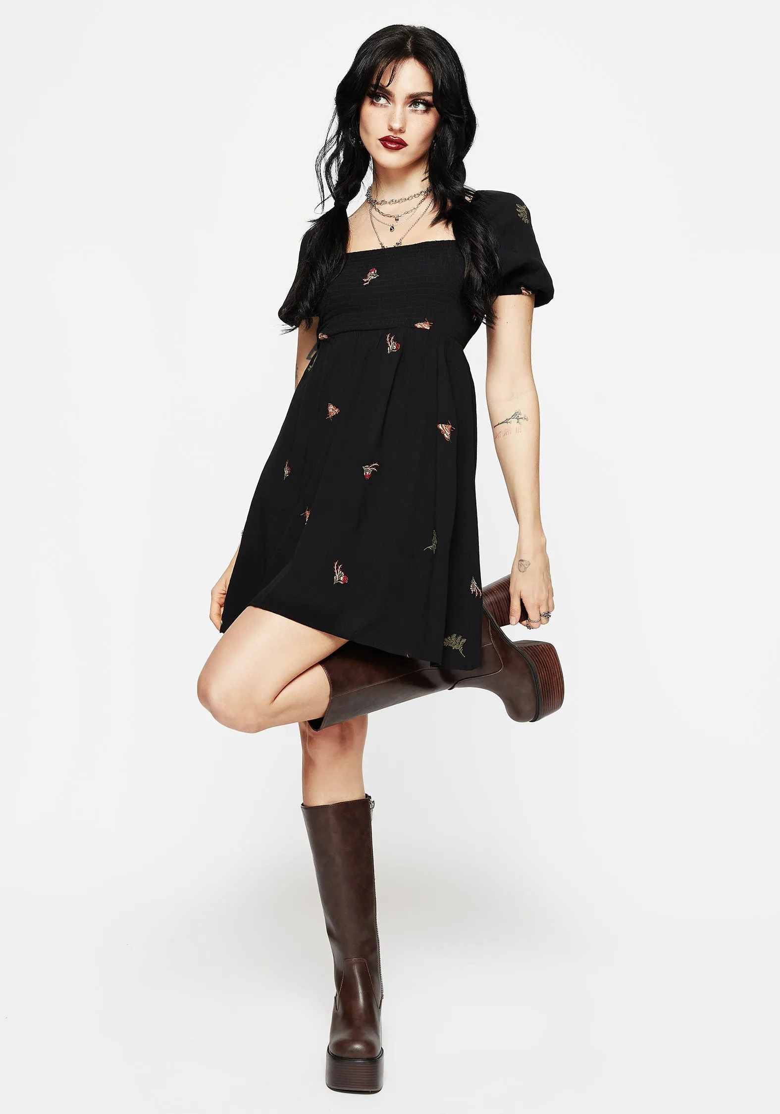 Slim Profile Copia Moth Embroidered Puff Sleeve Mini Dress