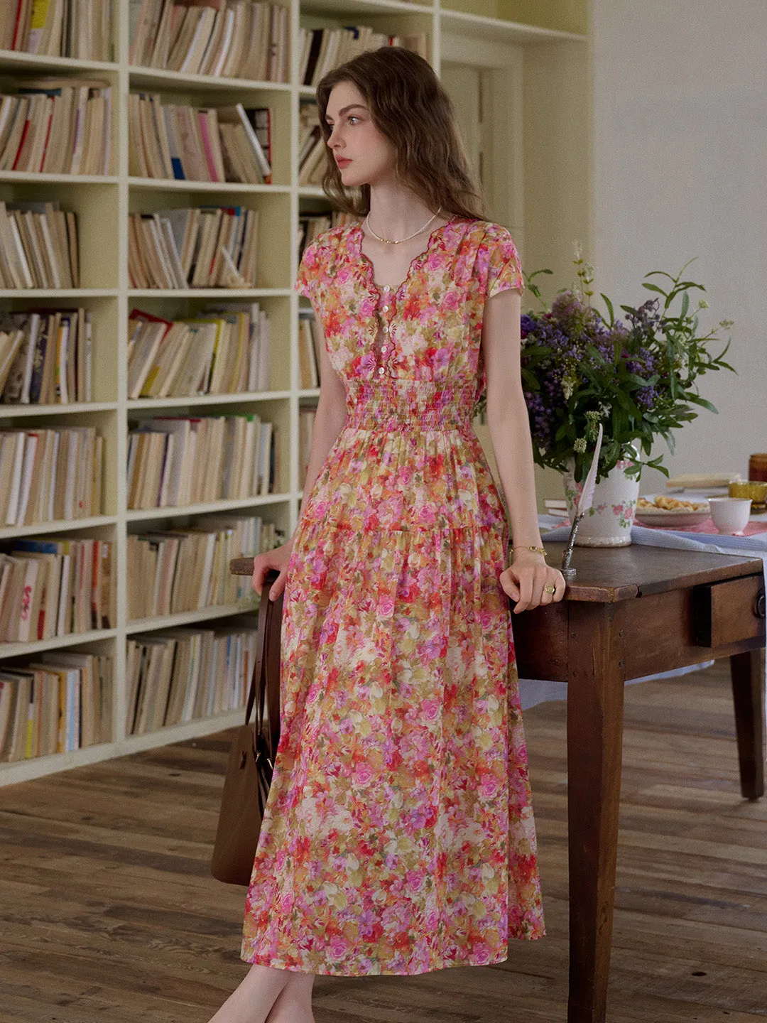 Effortless Piece Linen-Blend Adalyn Wavy Neck Floral 100% Cotton Dress