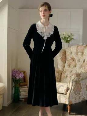 Tiered-Skirt Cora Contrast Lace Flounce Sleeve Velvet Dress-Black