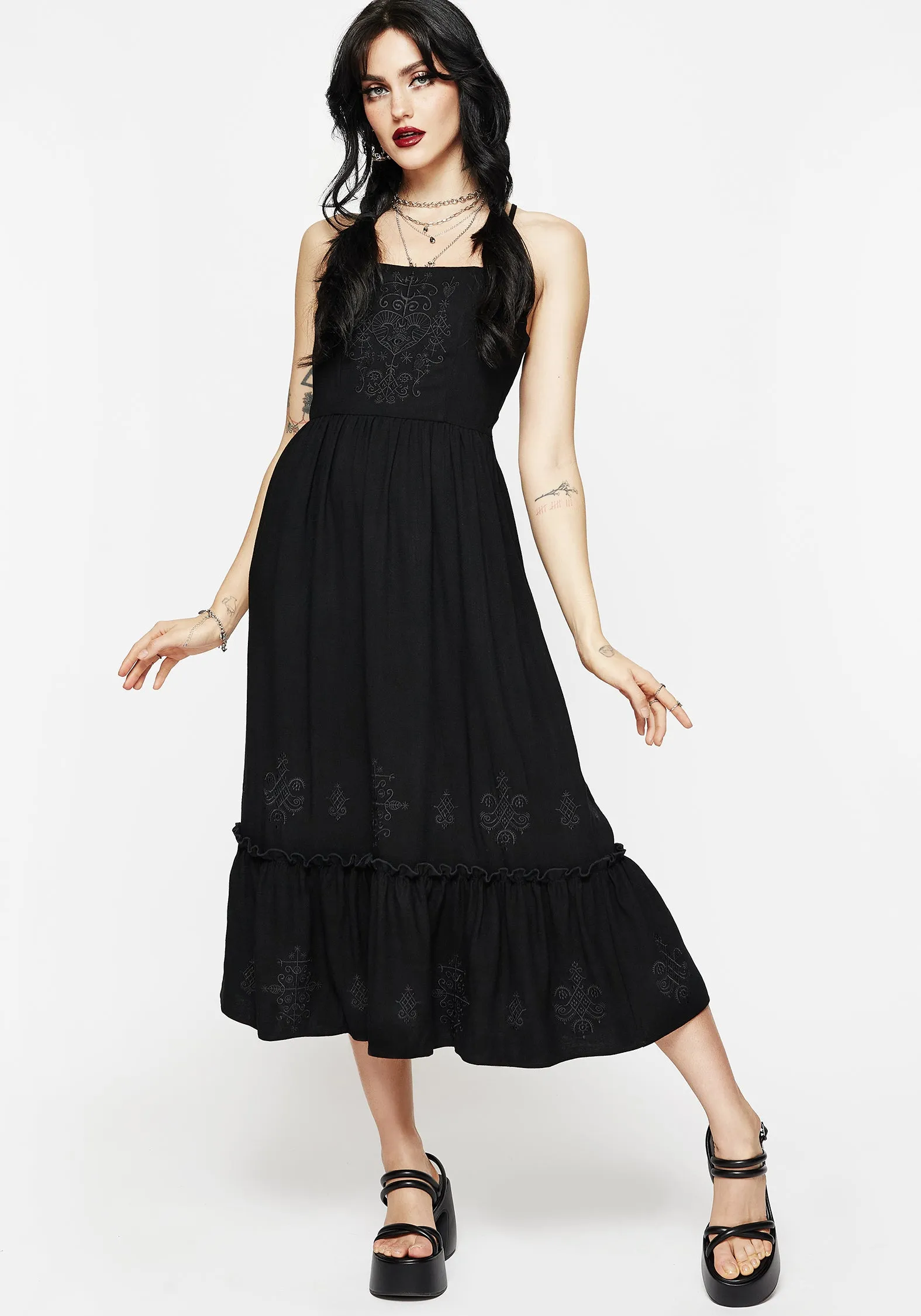 Cordata Embroidered Cami Midi Smock Dress packable Hip-Flattering