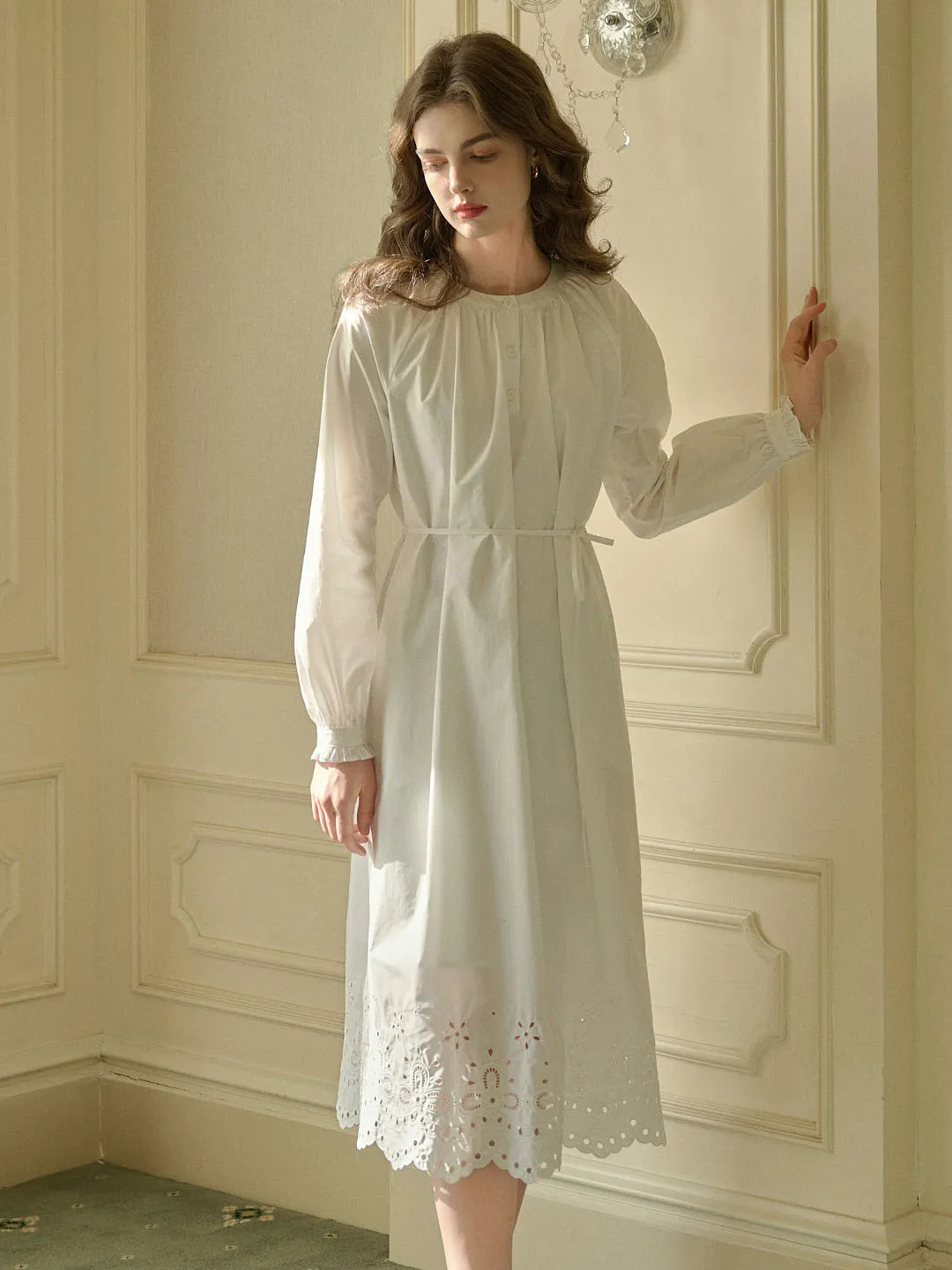 Lilly Round Neck Hem Hollow Embroidered Cotton Dress All-Season Comfort Shine Finish
