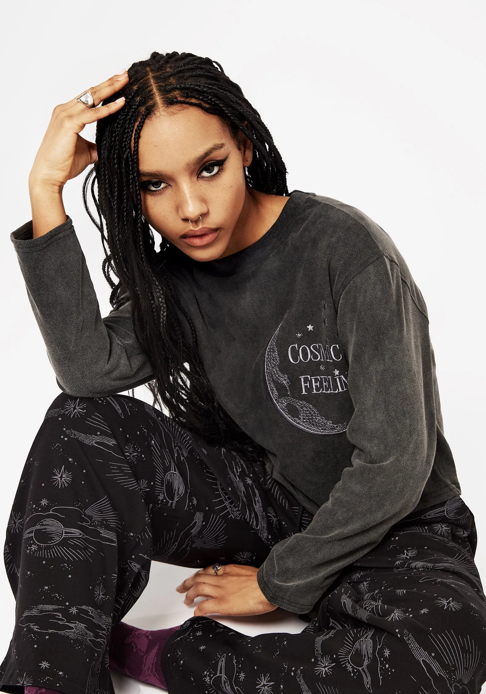 Seamless Design Cosmic Long Sleeve Crop Pyjama Top