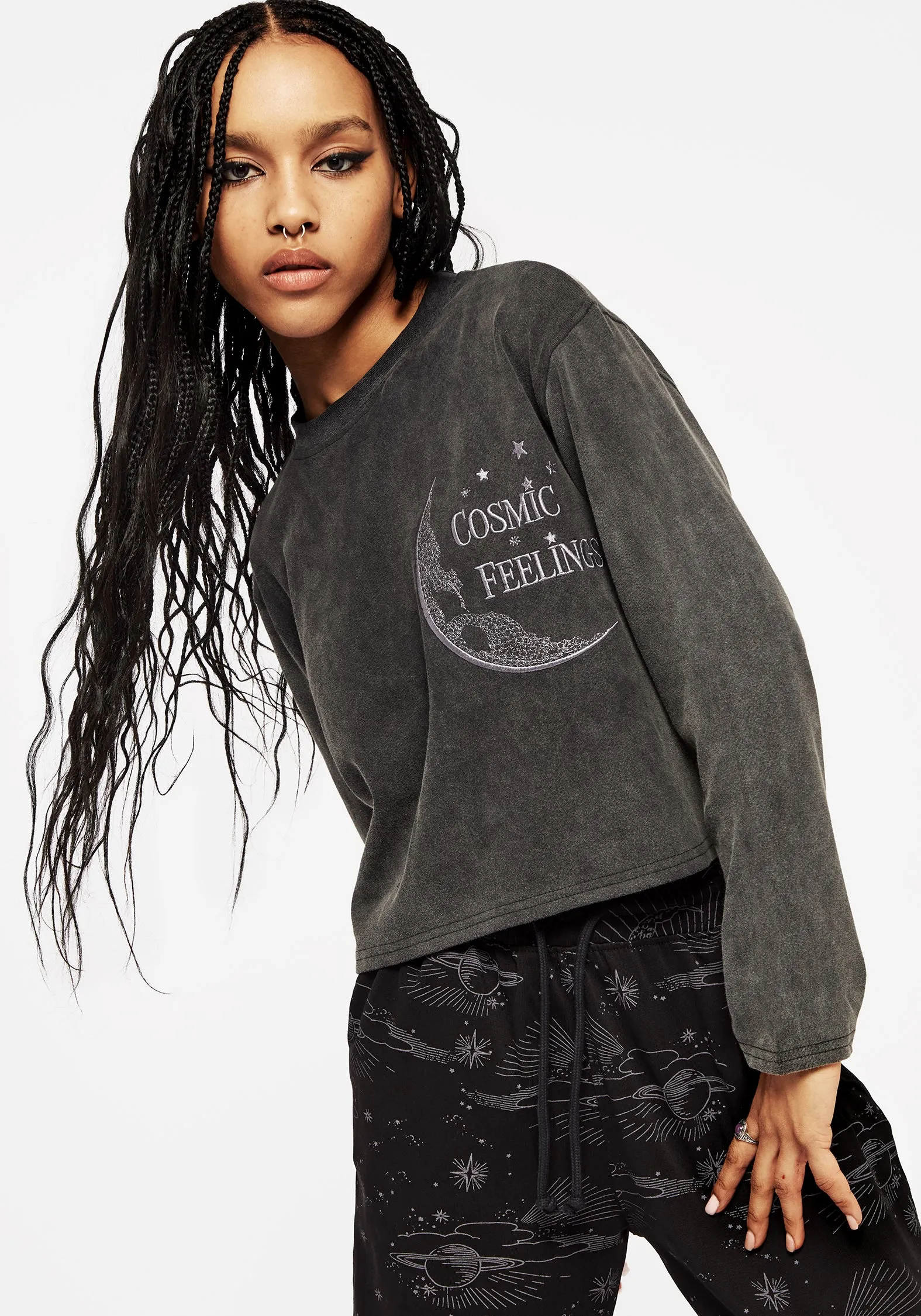 Cosmic Long Sleeve Crop Pyjama Top Multipanel Construction preshrunk