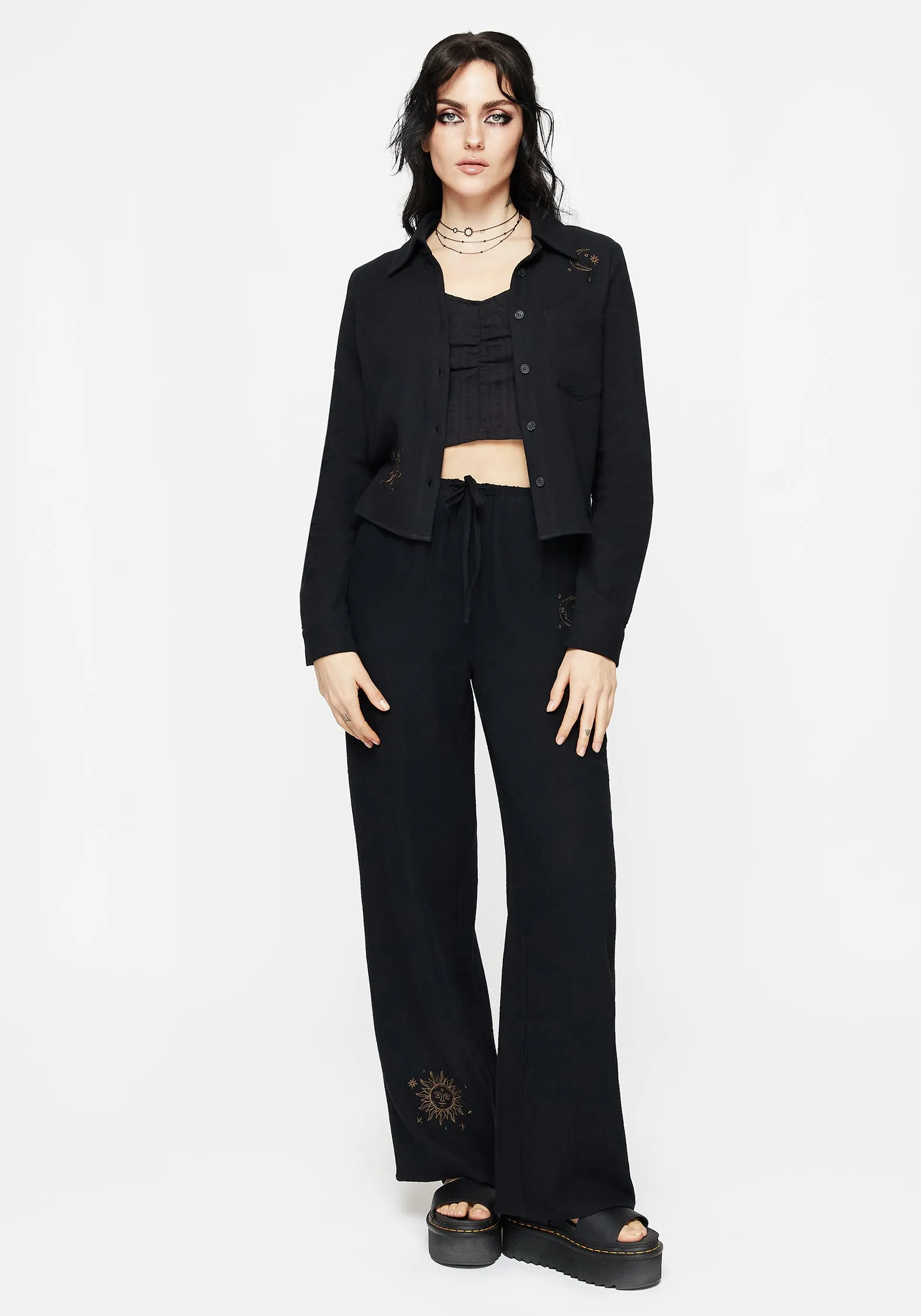 Versatile Shirt Soft Hoodie Cosmos Embroidered Button Up Crop Shirt