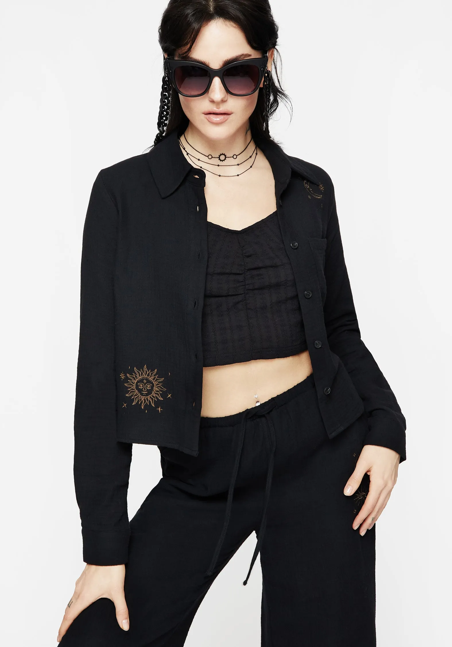 Cosmos Embroidered Button Up Crop Shirt Checkered Style