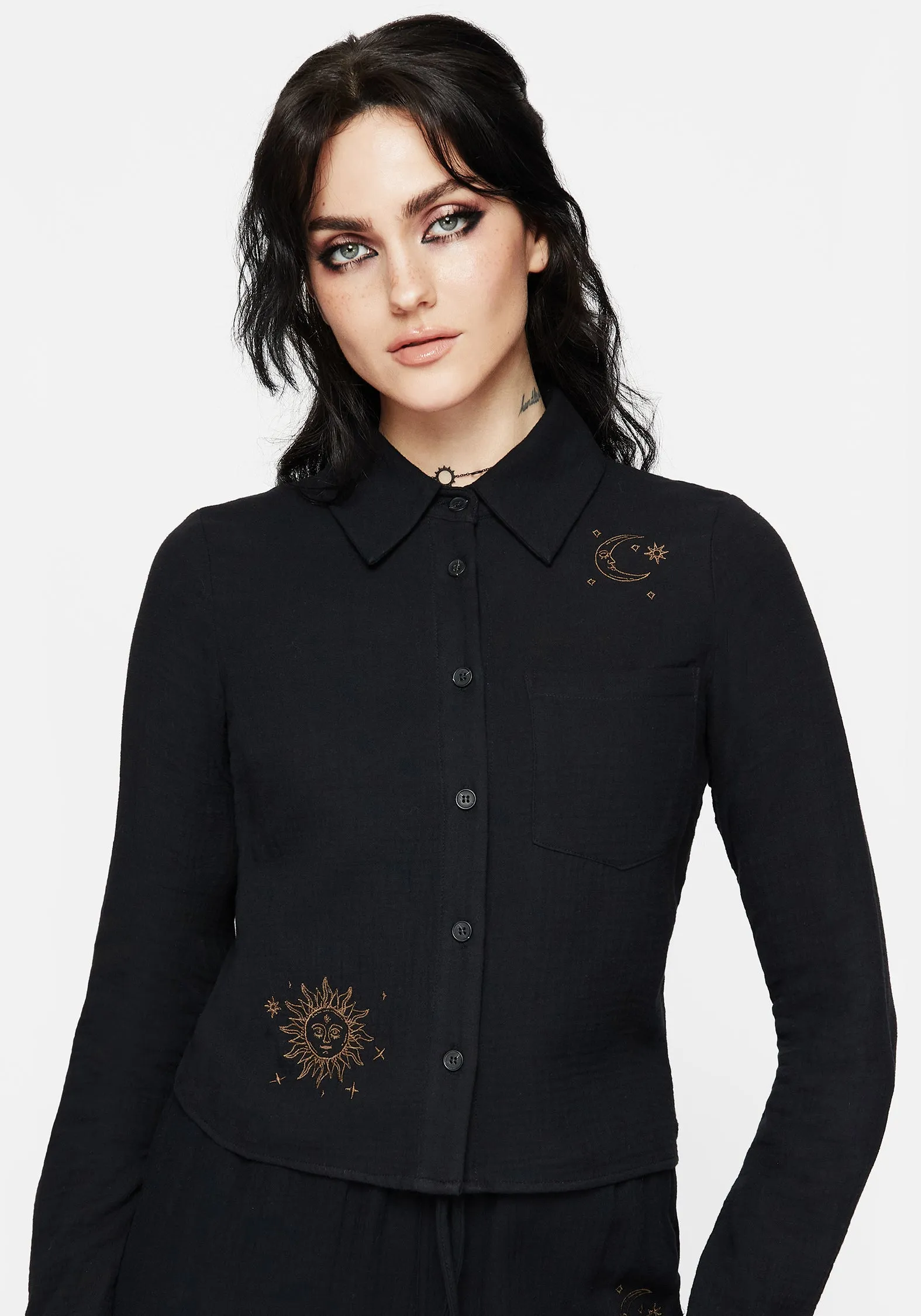Wedding guest Limited Edition Cosmos Embroidered Button Up Crop Shirt
