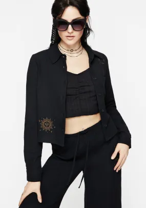 Cosmos Embroidered Button Up Crop Shirt Checkered Style