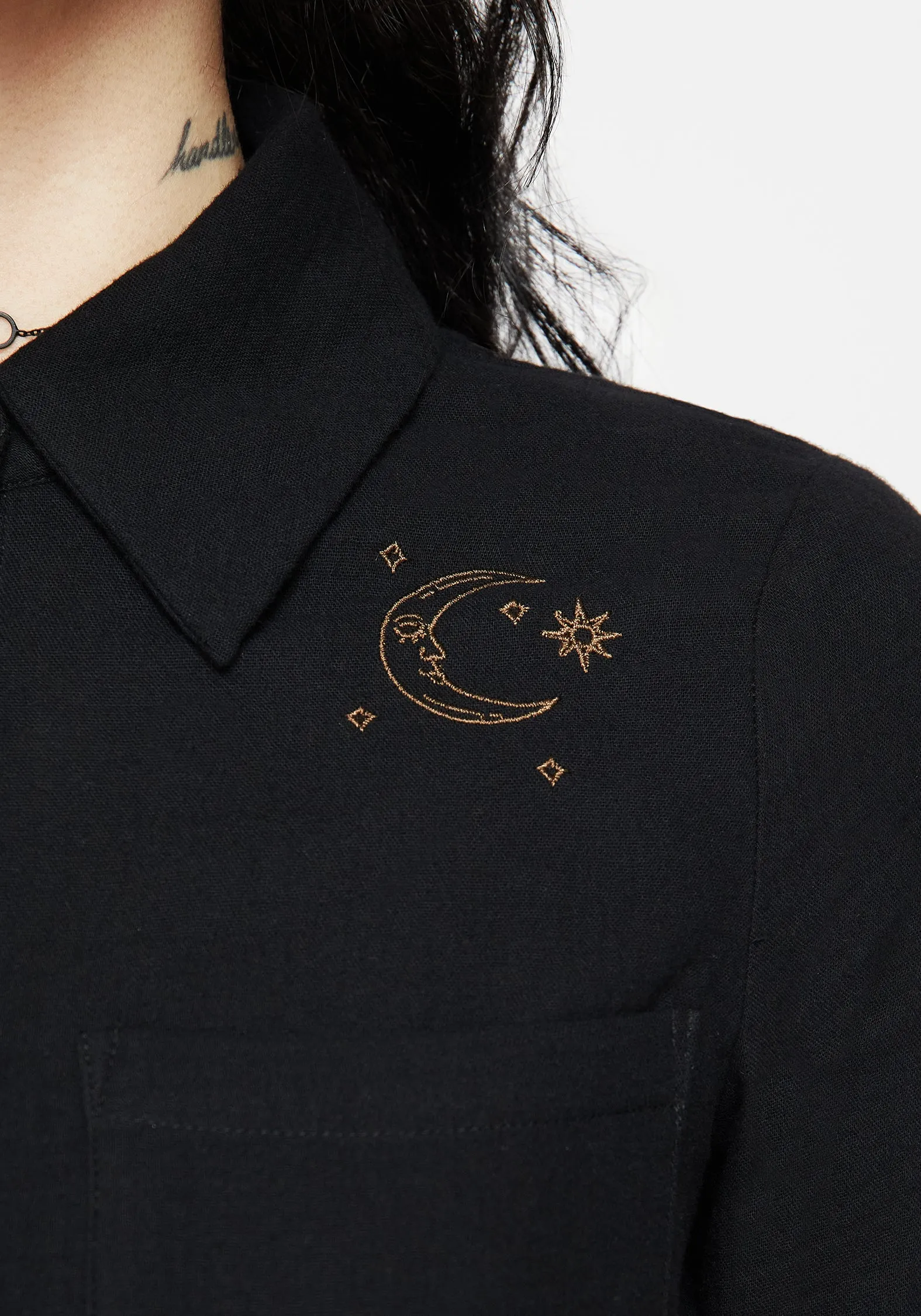 Cosmos Embroidered Button Up Crop Shirt Hidden Pocket Design